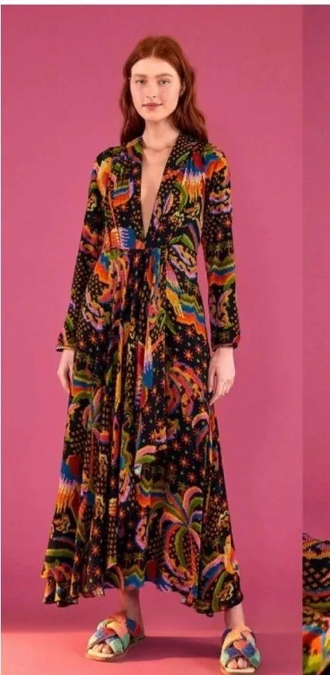 FARM RIO Macaw Island Printed Maxi Dress Tropical Vacation XS Black - Image 6