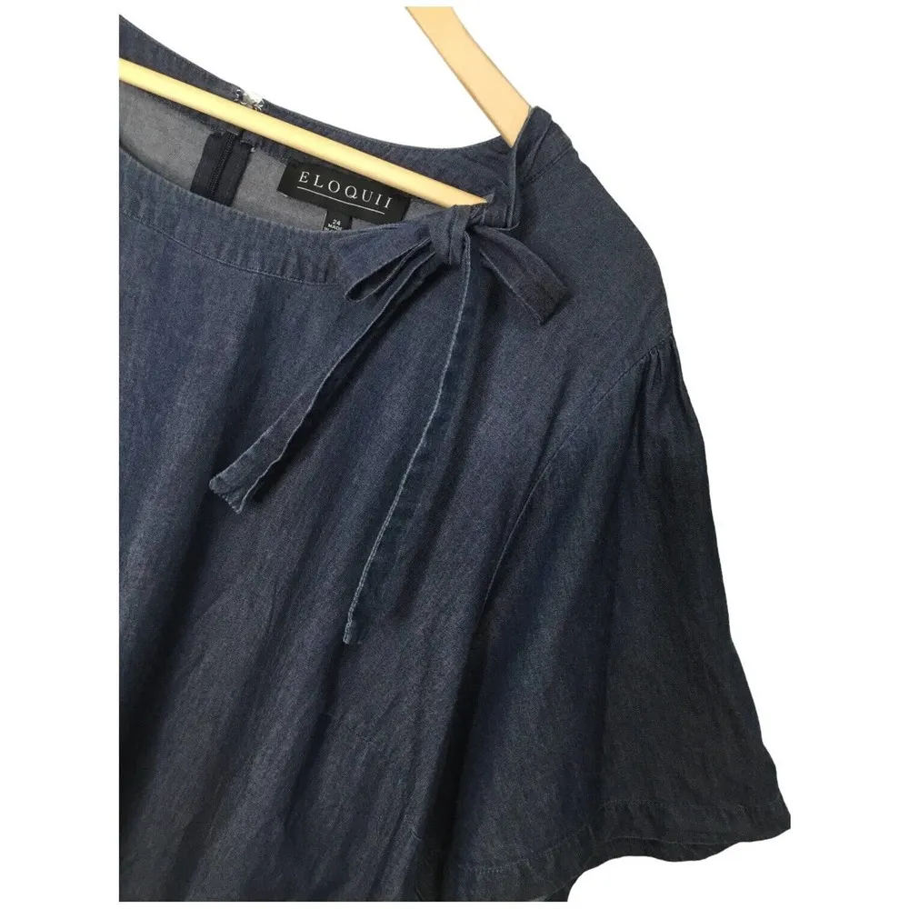 Eloquii Round Tie Neck Flutter Sleeve Dark Chambray Denim Blue 24 - Image 7