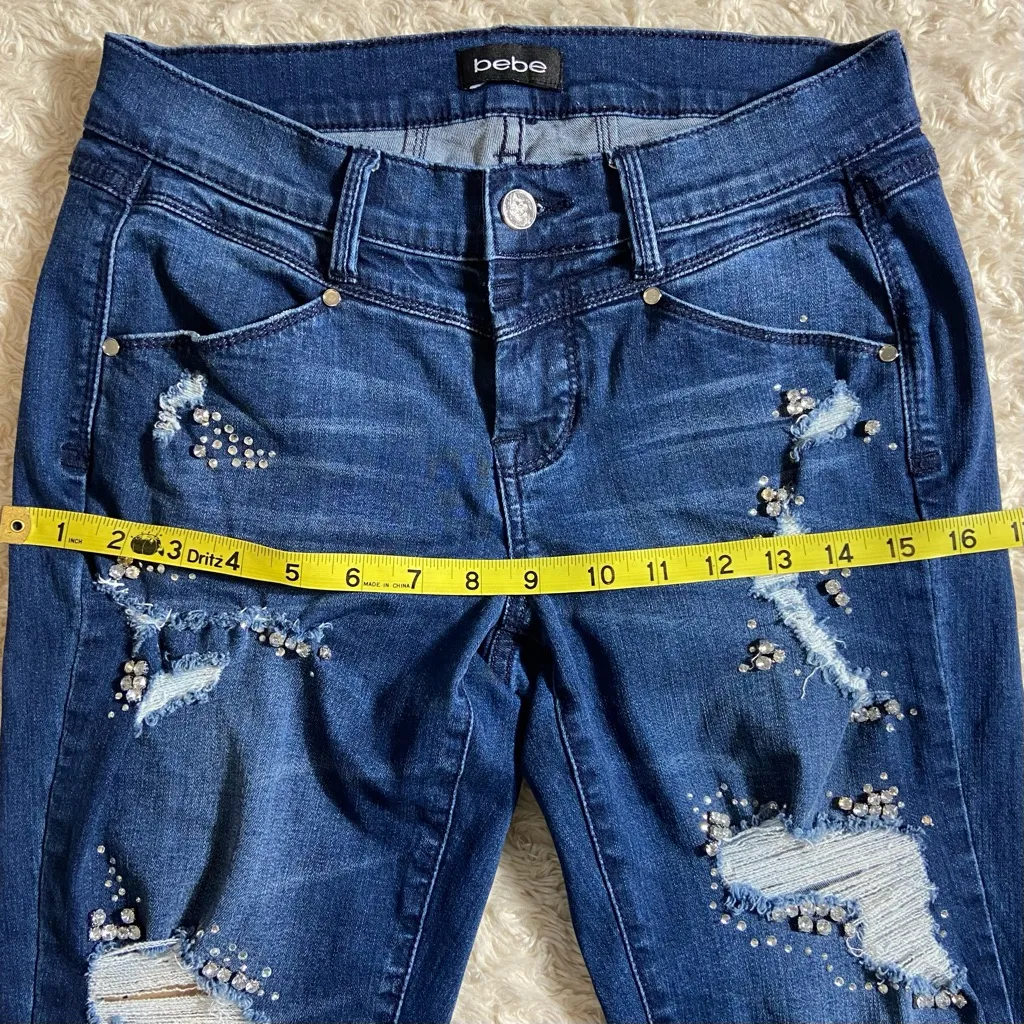 Bebe Bedazzled Low Rise Jeweled and Distressed Slim Straight Leg Jeans Size 26 - Image 14