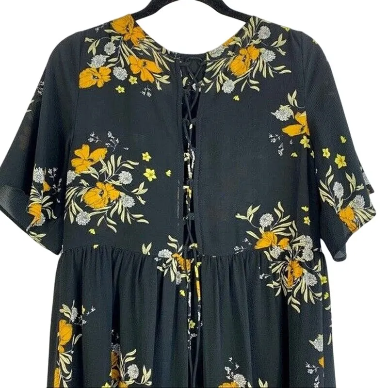 ZARA Floral Lace Up Back Babydoll Midi Stretch Dress Short Sleeve M Black Orange - Image 5