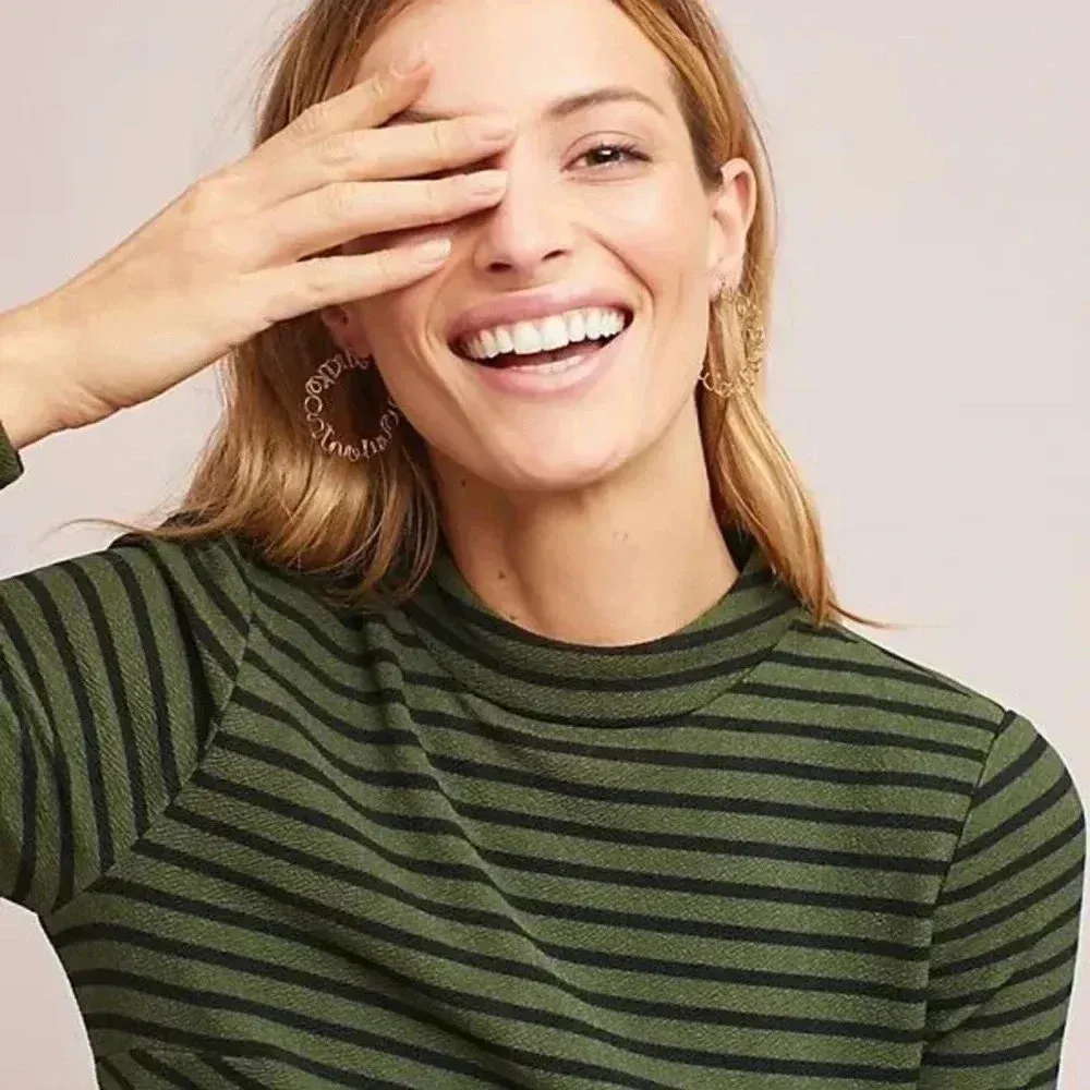 Anthropologie Hutch Olive Green & Black Stripe Structured Knitwork Dress Size XS - Image 9