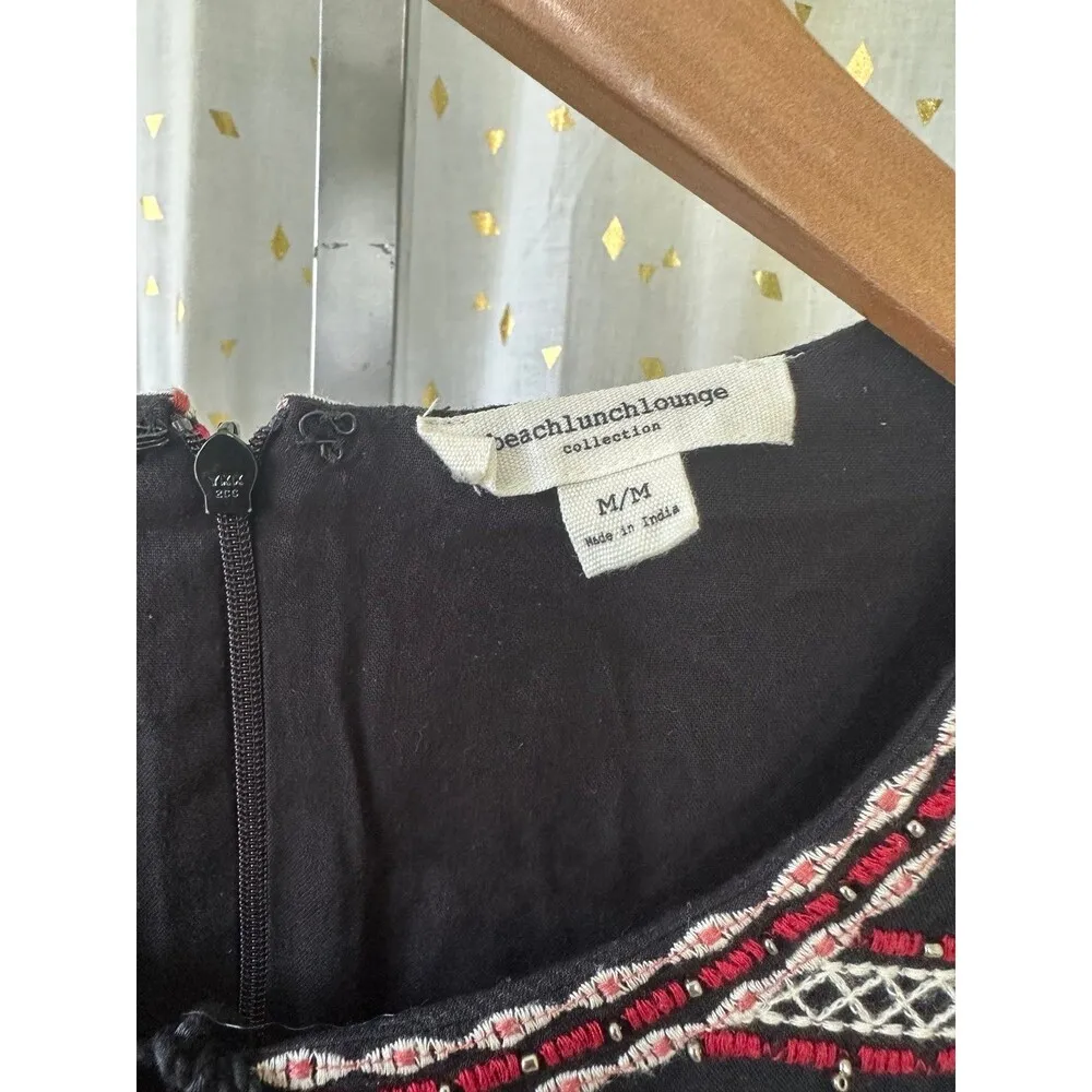 Beach Lunch Lounge Beaded Embroidered Front Tie Tassel Long Sleeve Mini Dress M - Image 6