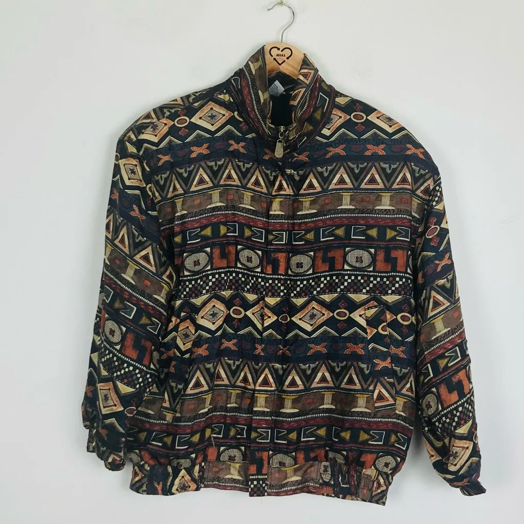 Vintage 90s black and brown pattern zip up bomber style jacket 100%silk. Small - Image 2
