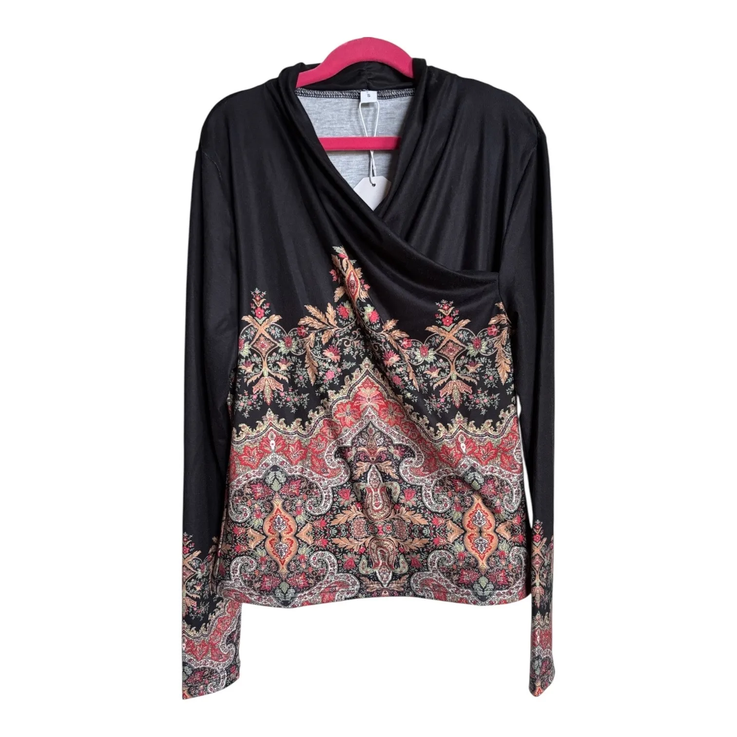 Made with Love Black‎ Red Brown Green Paisley Knit Top Crossover V Neck S Black - Image 3