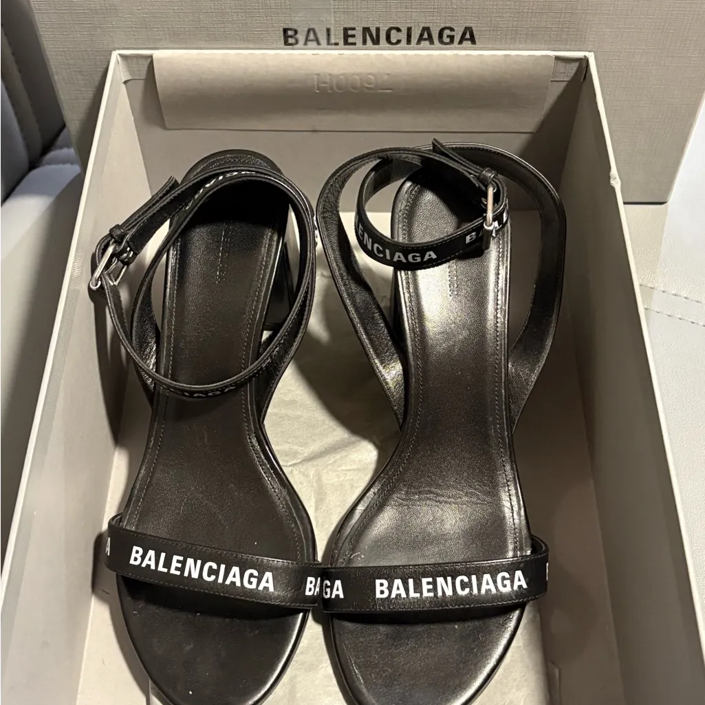 Balenciaga Black Logo Strap Heels - Image 7