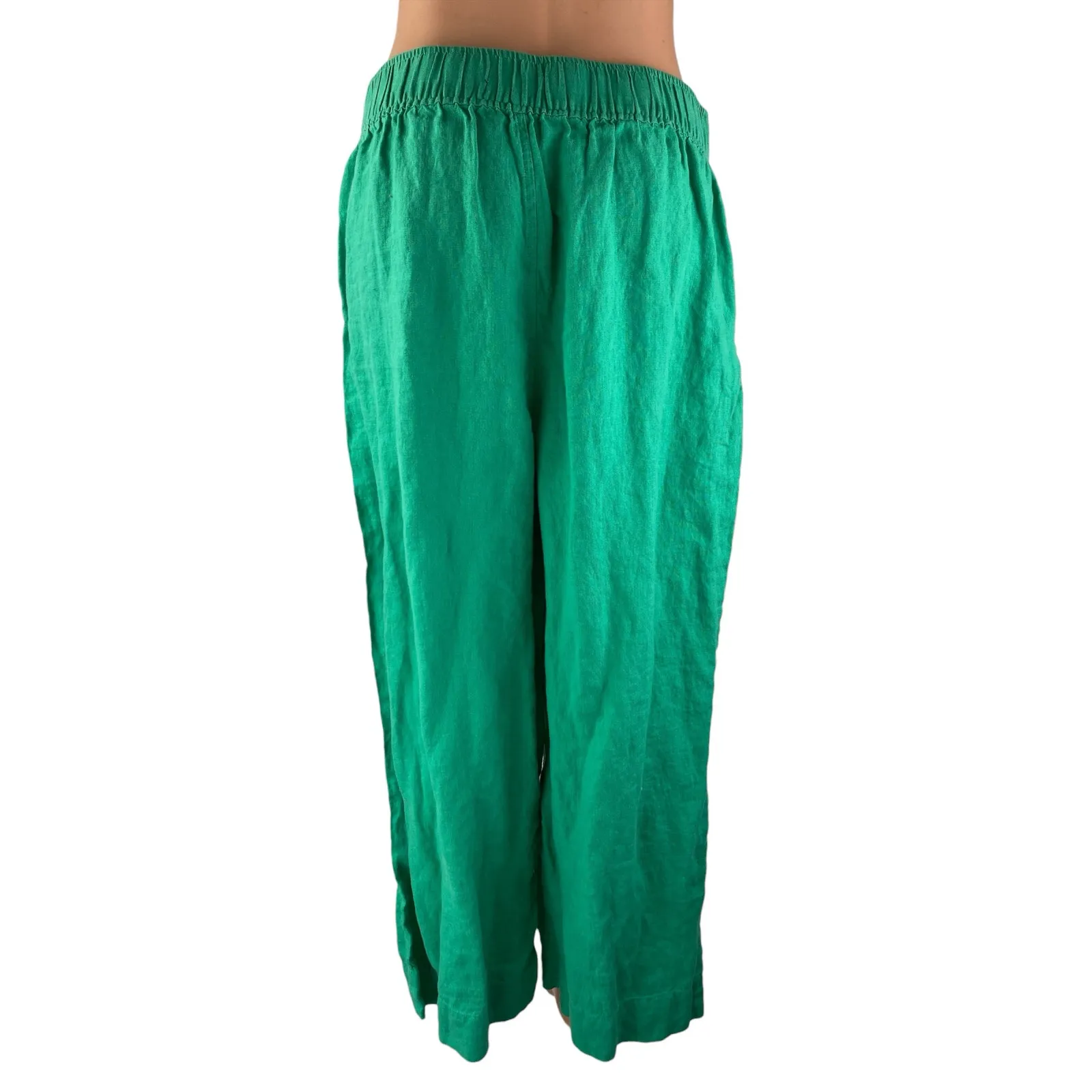 Tahari 100% Linen Green Linen Elastic Waist High Rise Wide Leg Trousers Pants L - Image 2