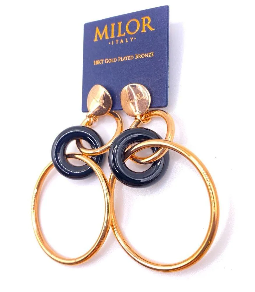 🆕 18kt Rose Gold Earrings Bronzallure & Onyx 3” Dangly Circle Hoop, MILOR ITALY Pink - Image 2