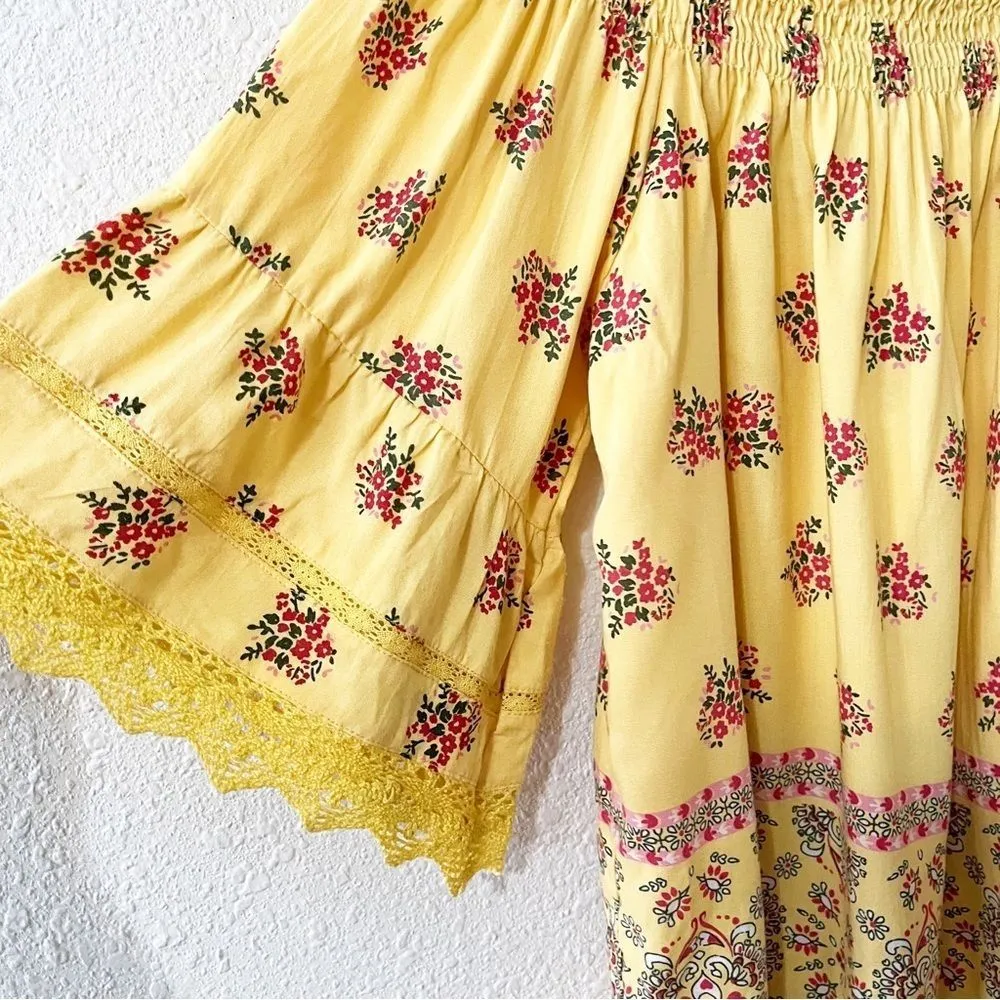 ANGIE Yellow‎ Floral Off the Shoulder Smocked Crop Top Size S Boho Western - Image 6