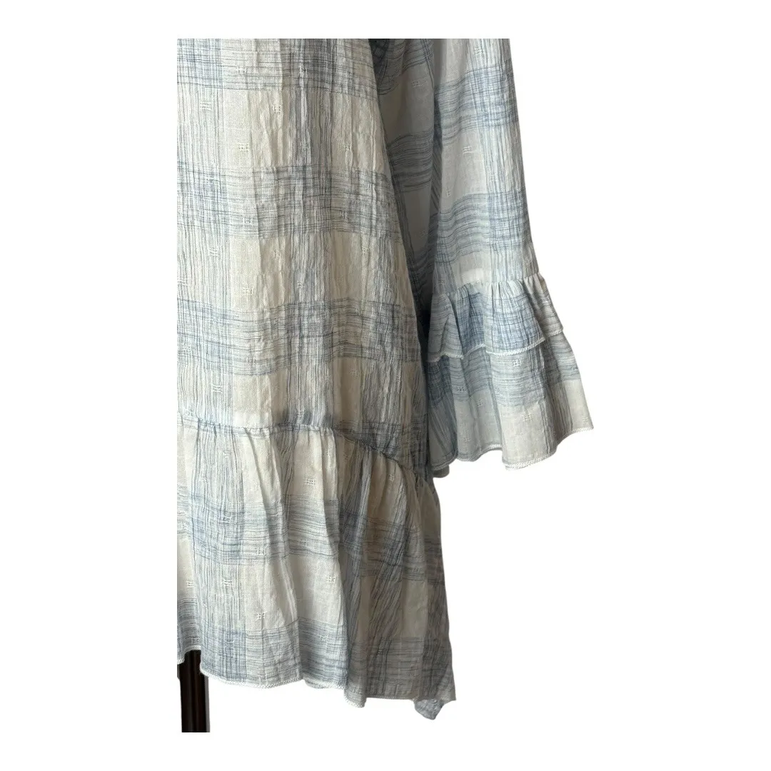 Kay Celine Shirt Women Large Blue White Plaid Bell Sleeve‎ Peplum Top Bohemian - Image 5