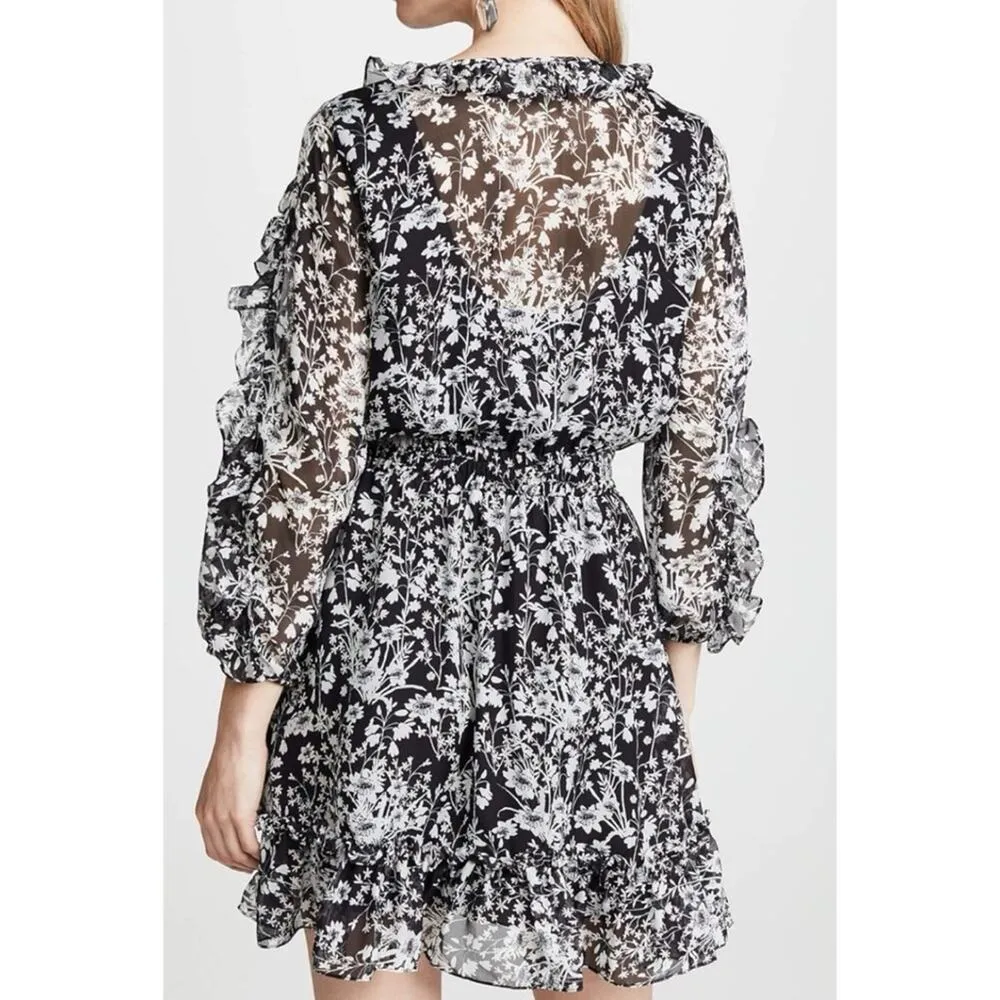 Shoshanna Praiano Black White Floral 3/4 Puff Ruffled Sleeve Silk Mini Dress 4 - Image 3
