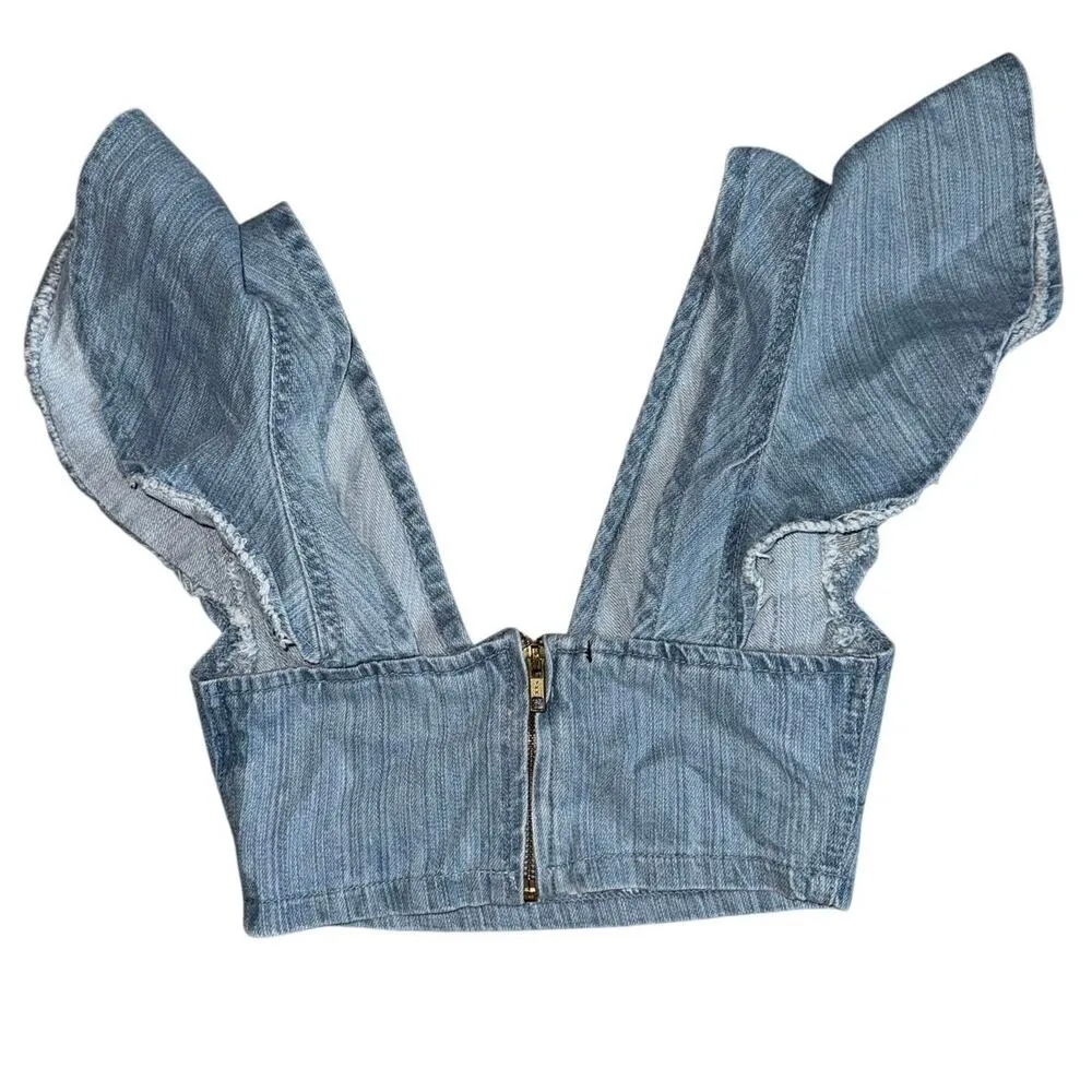 Pretty Little Thing Blue Light Wash Flared Sleeve Denim Crop Top Size 0 Flutter - Image 7