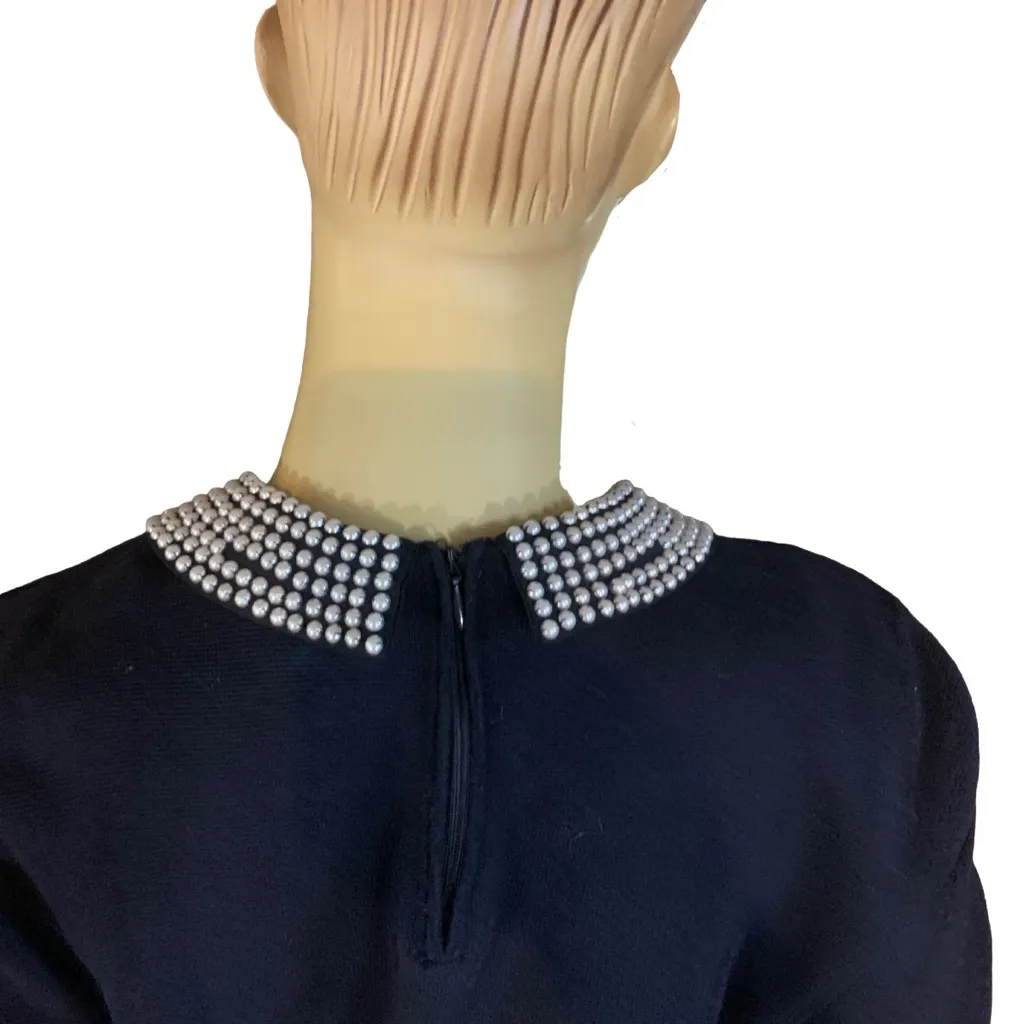 TALBOTS NAVY BLUE W/FAUX PEARL PETER PAN COLLAR COTTON BLEND SWEATER (LP) - Image 7