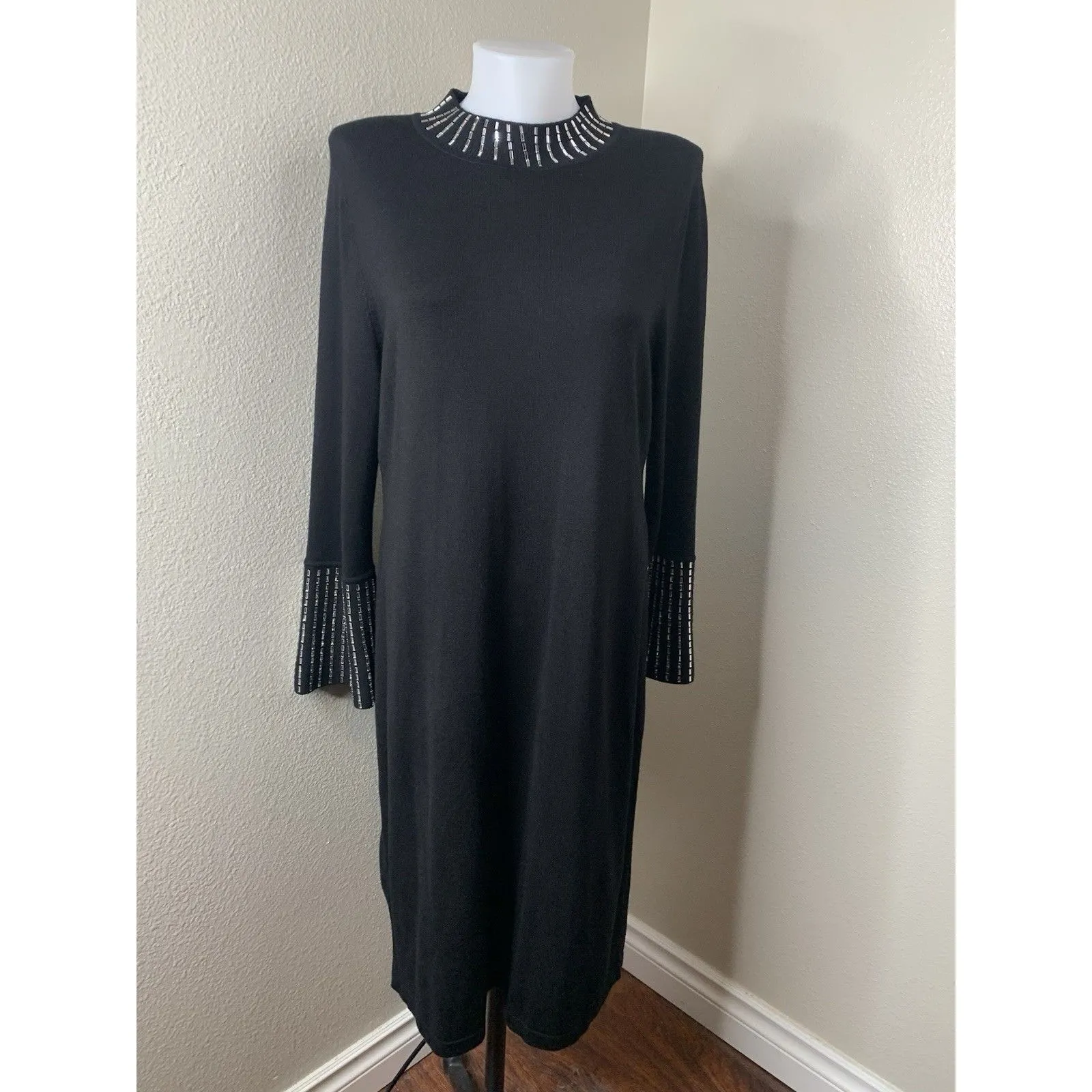 Calvin Klein Sz XL Black Stretchy Fit Dress Bedazzle Sparkle Sleeves & Collar - Image 2