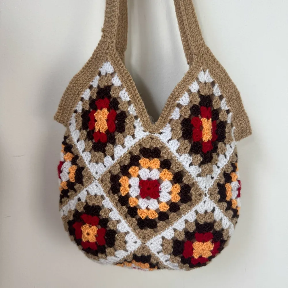 Crochet Granny Square Shoulder Tote Bag Handmade Red Brown Beige NEW - Image 4