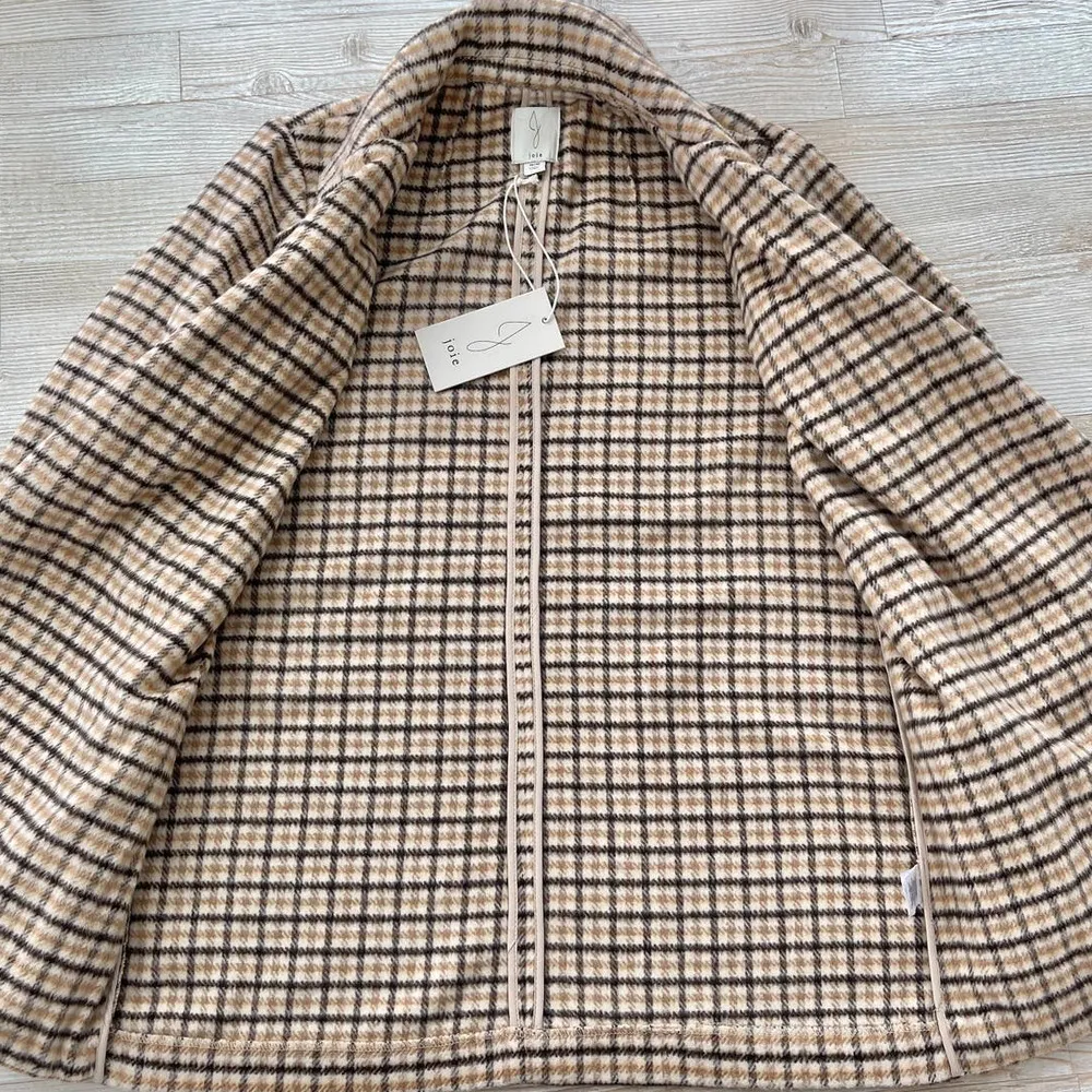 Joie New  Brushed Plaid Oversized Open Front‎ Jacket | Tan Medium - Image 2
