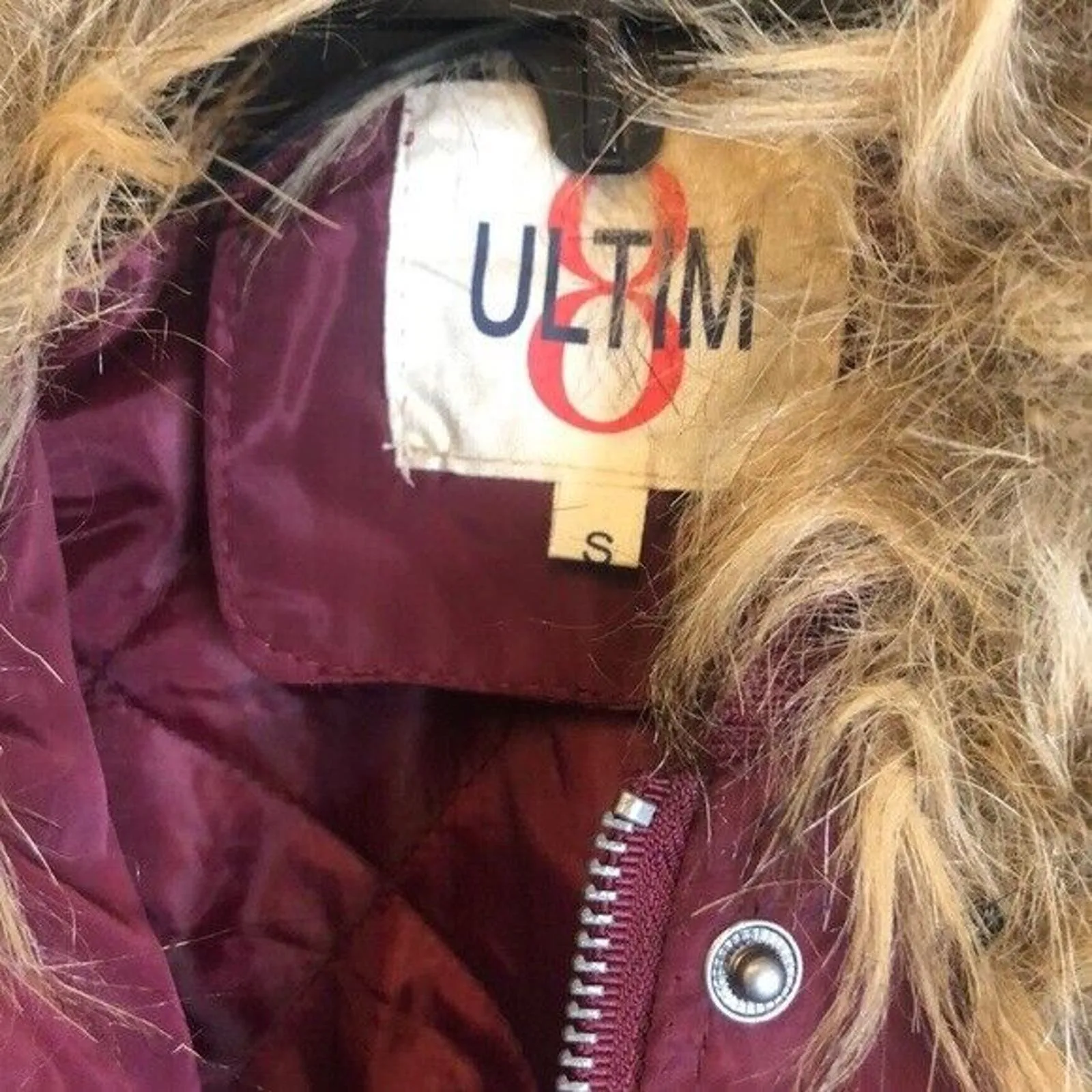 Ultim8 Brand burgundy‎ faux fur collar rose appliqué bomber Jacket Juniors Sz S Red - Image 5