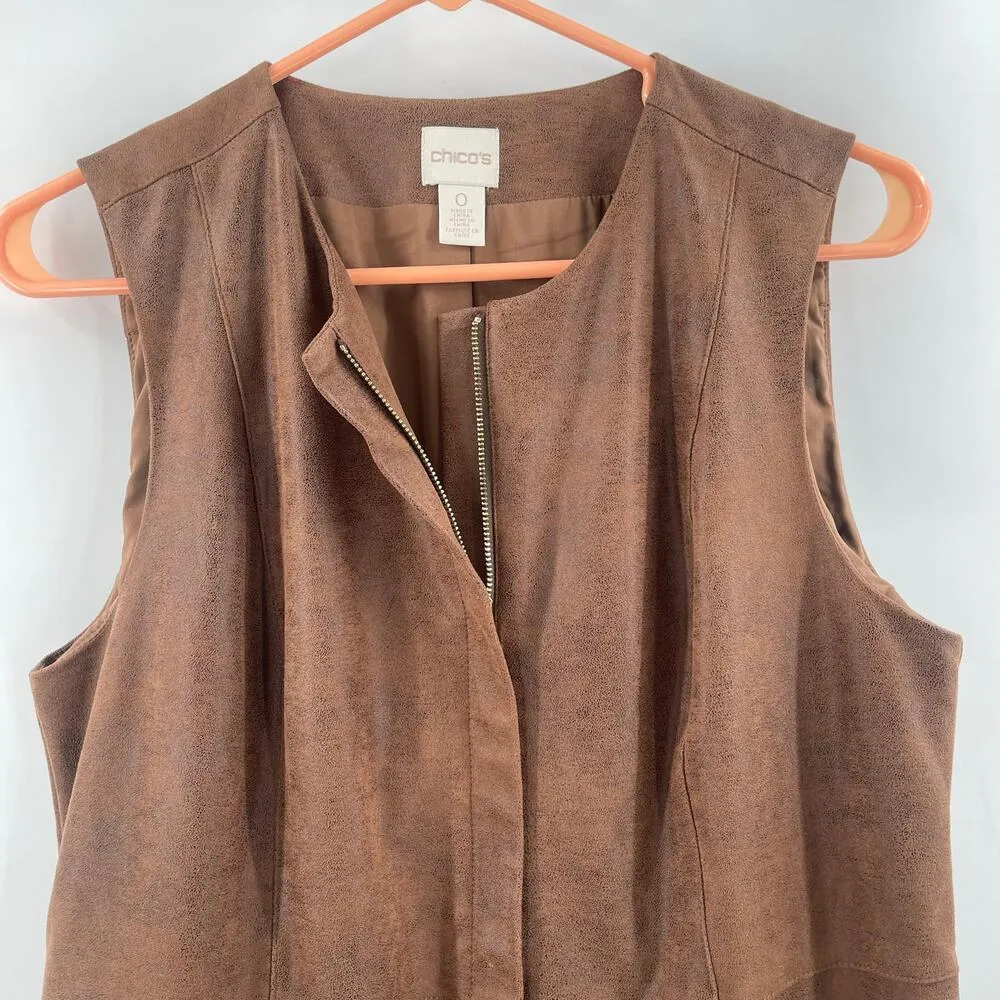 CHICO'S Vest Size Small Faux Suede Brown Zipper Pockets Fall Winter Casual Boho - Image 9
