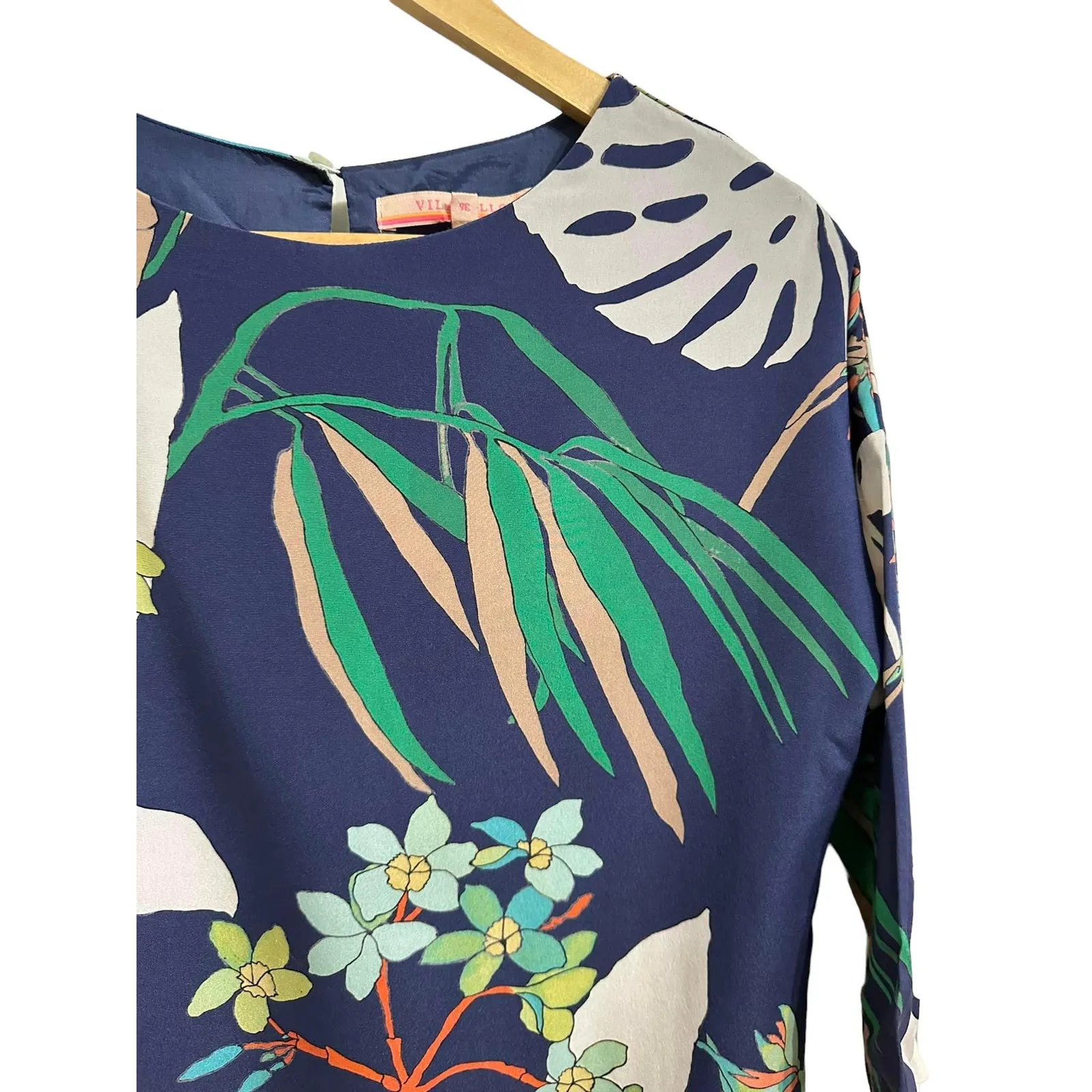 Vilagallo Womens Silk Floral Print 3/4‎ Sleeve Boho Shift Dress Casual Size 36 Blue - Image 2