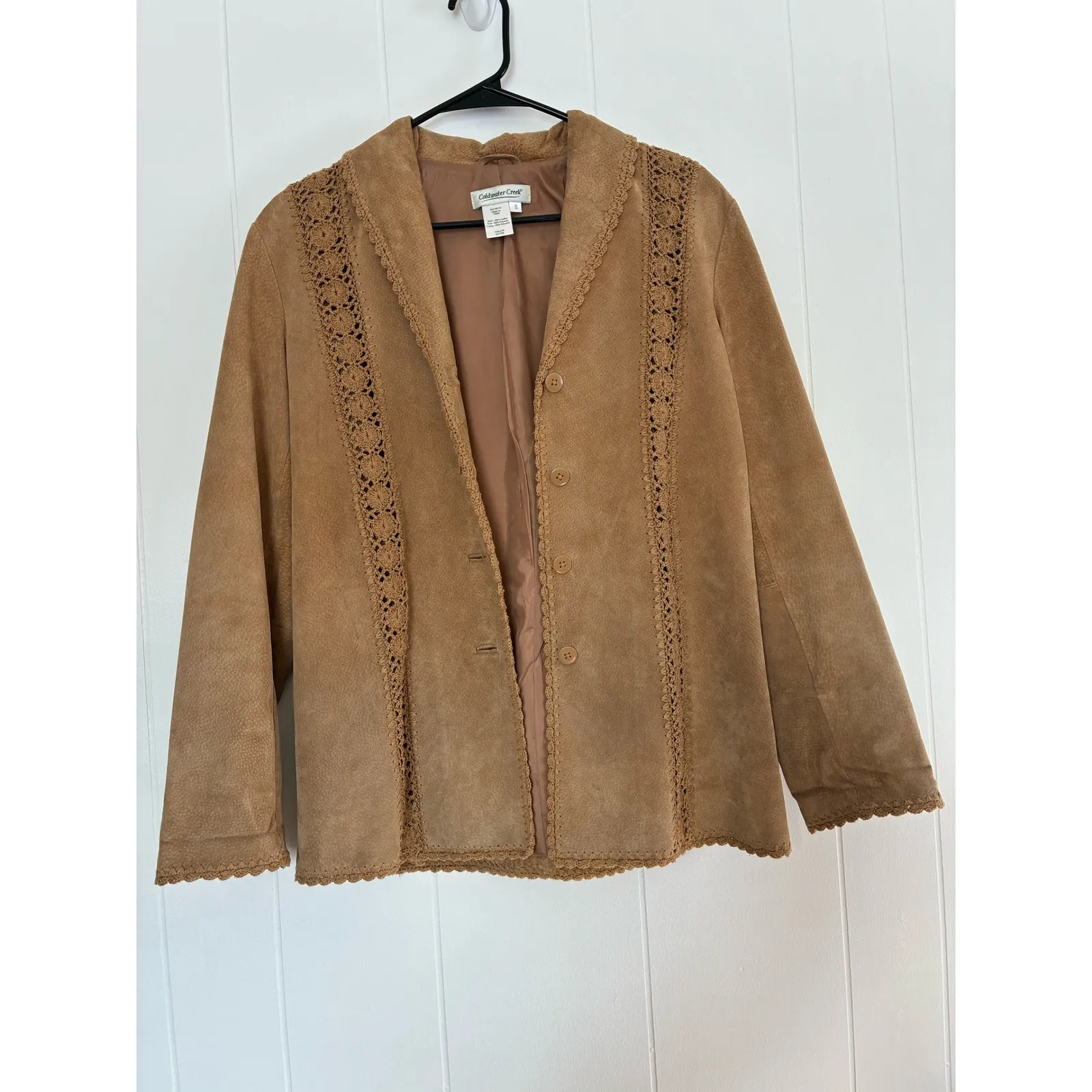 VTG Coldwater Creek Tan Suede Crochet Lace Jacket - Boho Western Chic S - Image 4