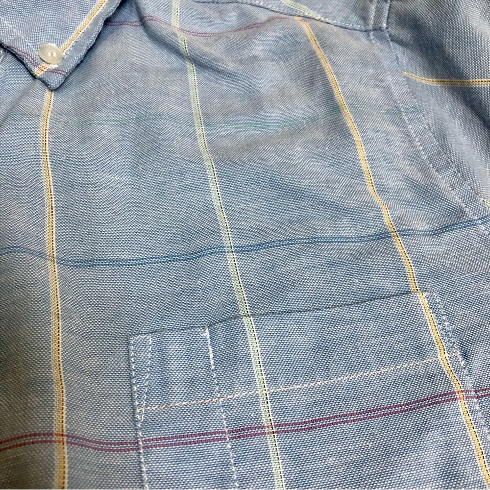 Vintage 80s 90s Plaid Button Down Shirt Light Blue Striped Excellent Quality szS - Image 4