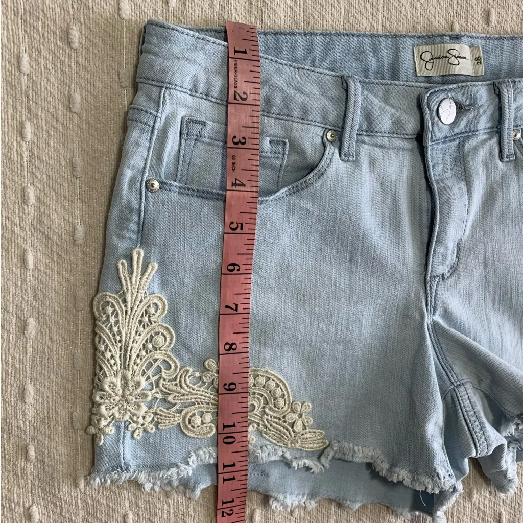 Jessica Simpson Cut‎ off Stretch Blue Denim Almond Lace Short Bottom Size 28 - Image 6