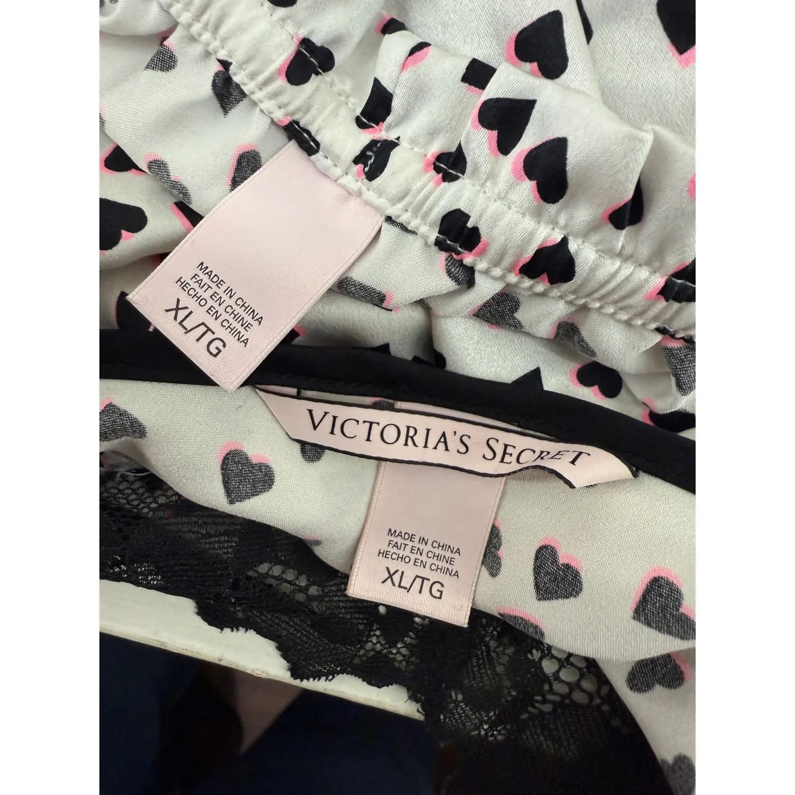 Victoria Secret Satin Sleepwear Black Neon Pink Heart Cami Shorts Set XLarge - Image 5