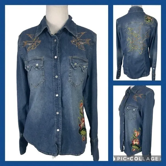 Country Royal Denim Floral Embroidered & Studded Birds Long Sleeve Shirt Medium - Image 2