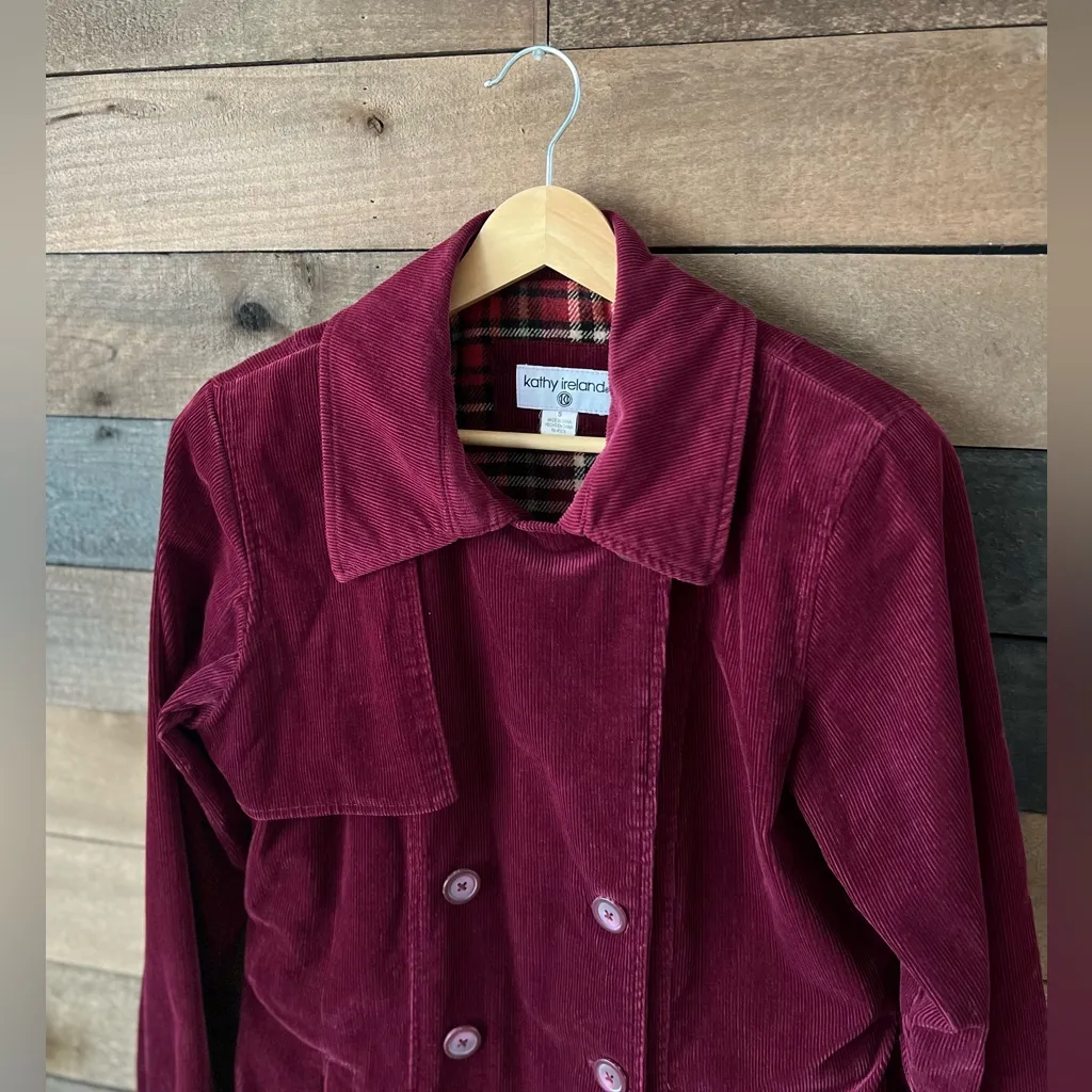 Vintage Burgundy Corduroy Trench Coat Kathy Ireland Belted Double Breasted - Image 12