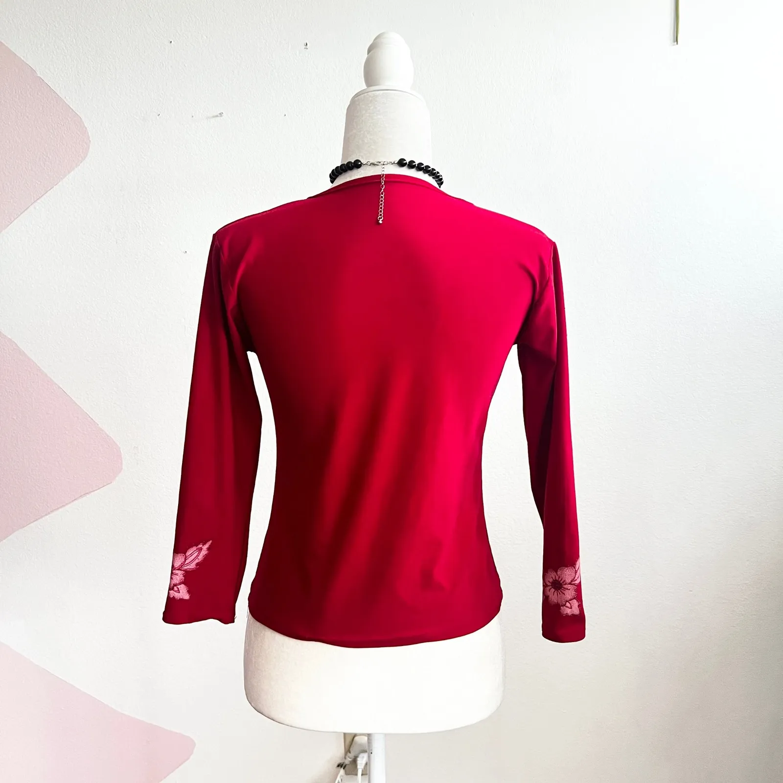 Vintage Y2K Red Glittery Floral Top 2000s Glam Coquette Romantic Small - Image 2