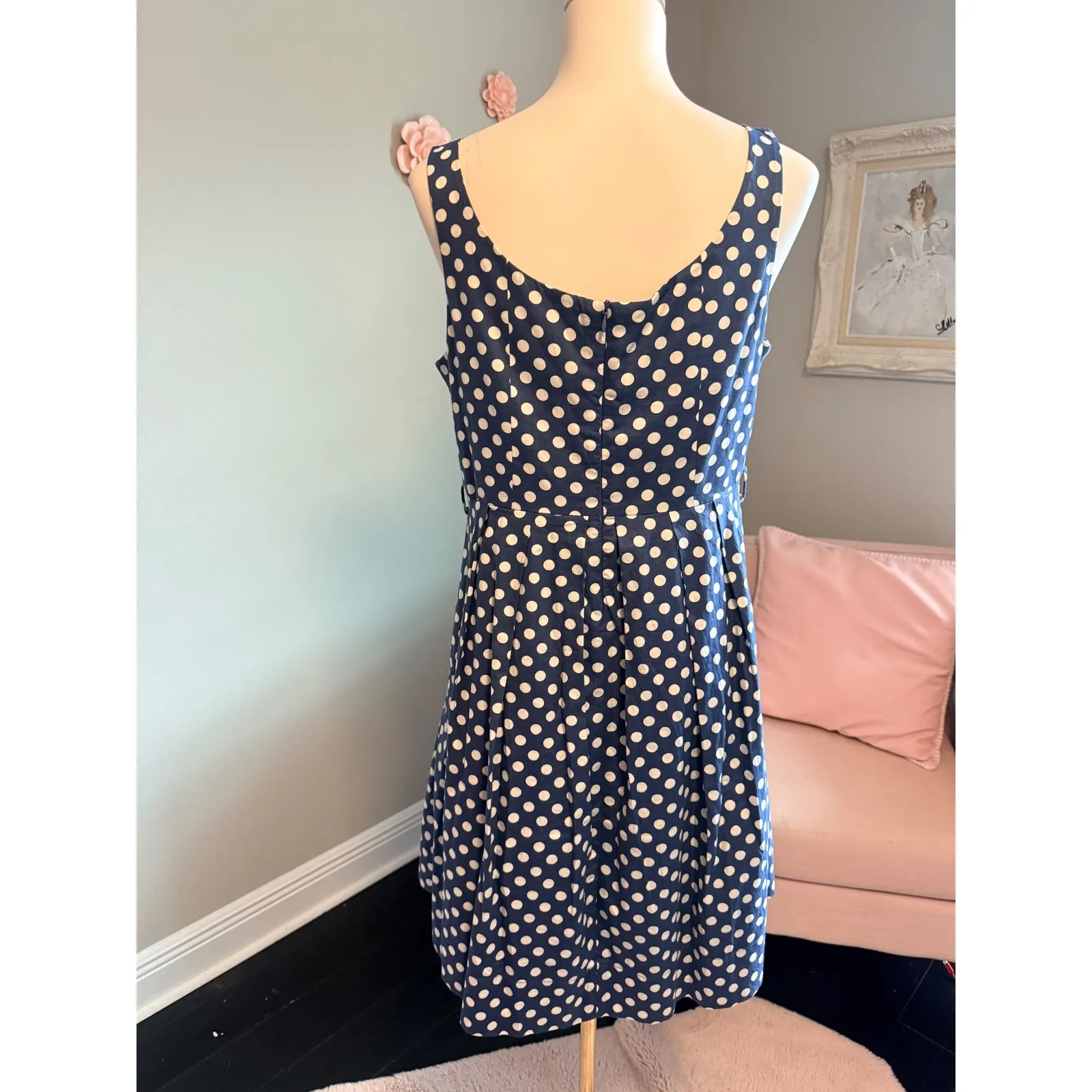 American Rag Cie Women's Navy Blue White Polka Dot Fit Flare Dress Size L - Image 2