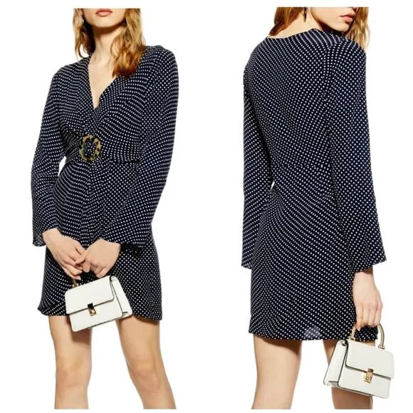 Topshop Navy Blue Polka Dot Mini Dress Size 8 Long Sleeve Wrap Ring Nautical - Image 2