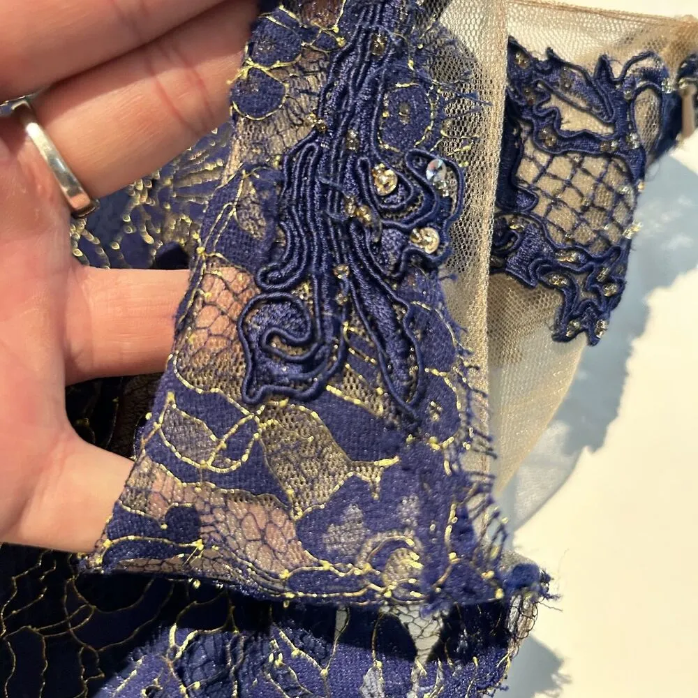 MARCHESA NOTTE Navy Blue Metallic Lace Dress size 0 XS Formal Gown Wedding - Image 13