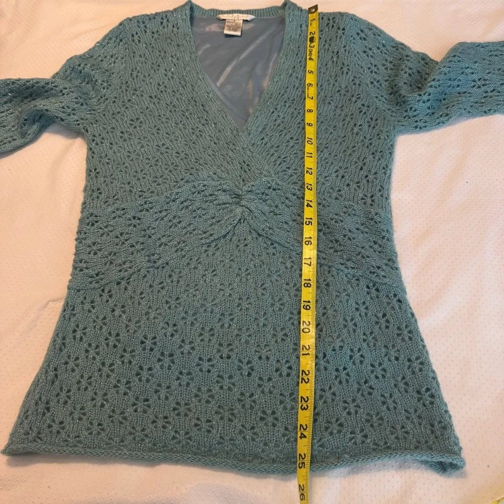 Vintage Y2K V neck Empire Sweater Bell Sleeves Women’s Sz Small Eyelet Pointelle Blue - Image 6