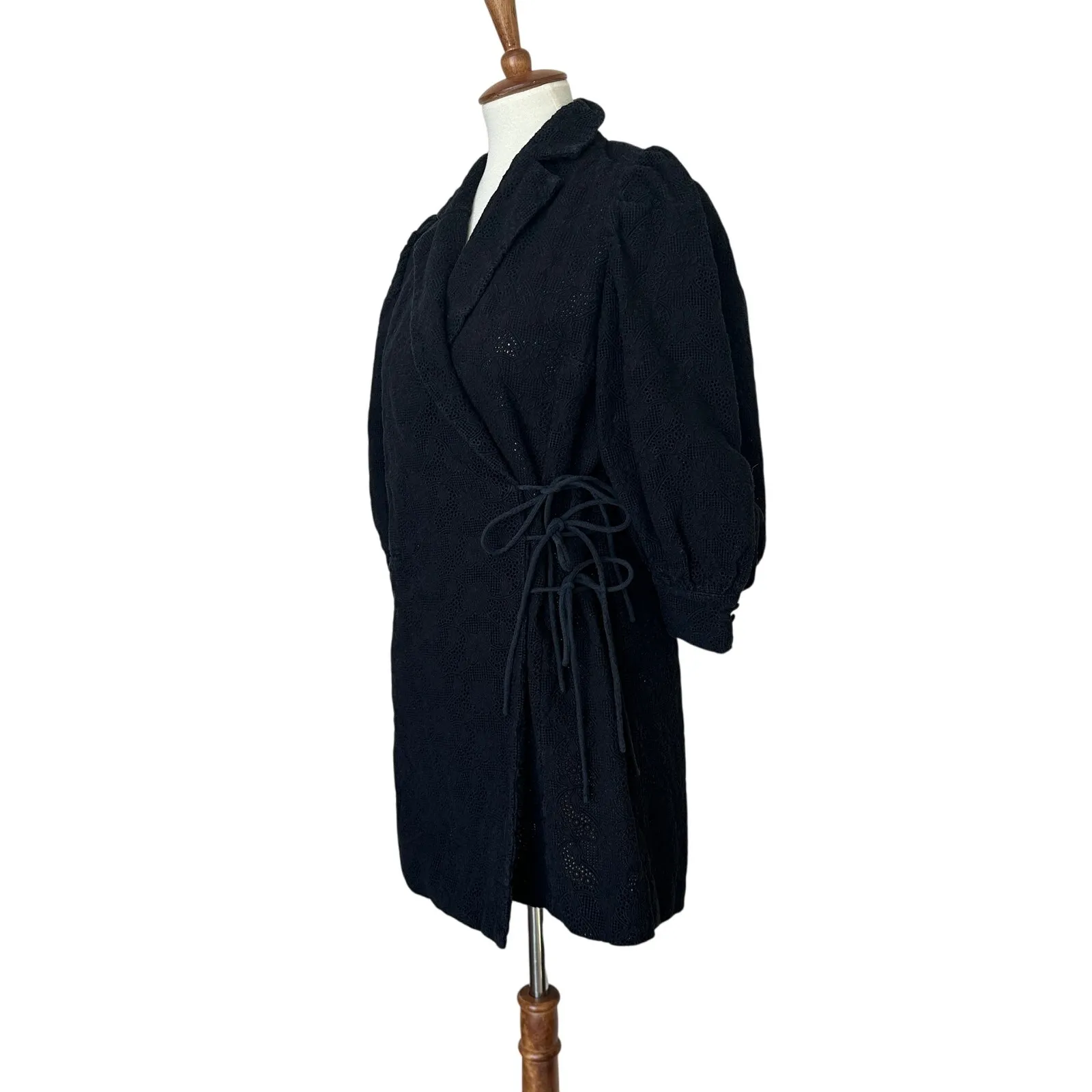 Hofmann Copenhagen Lace Wrap Mini Dress SMALL Designer Puff Sleeve Cottage $480 Black - Image 6