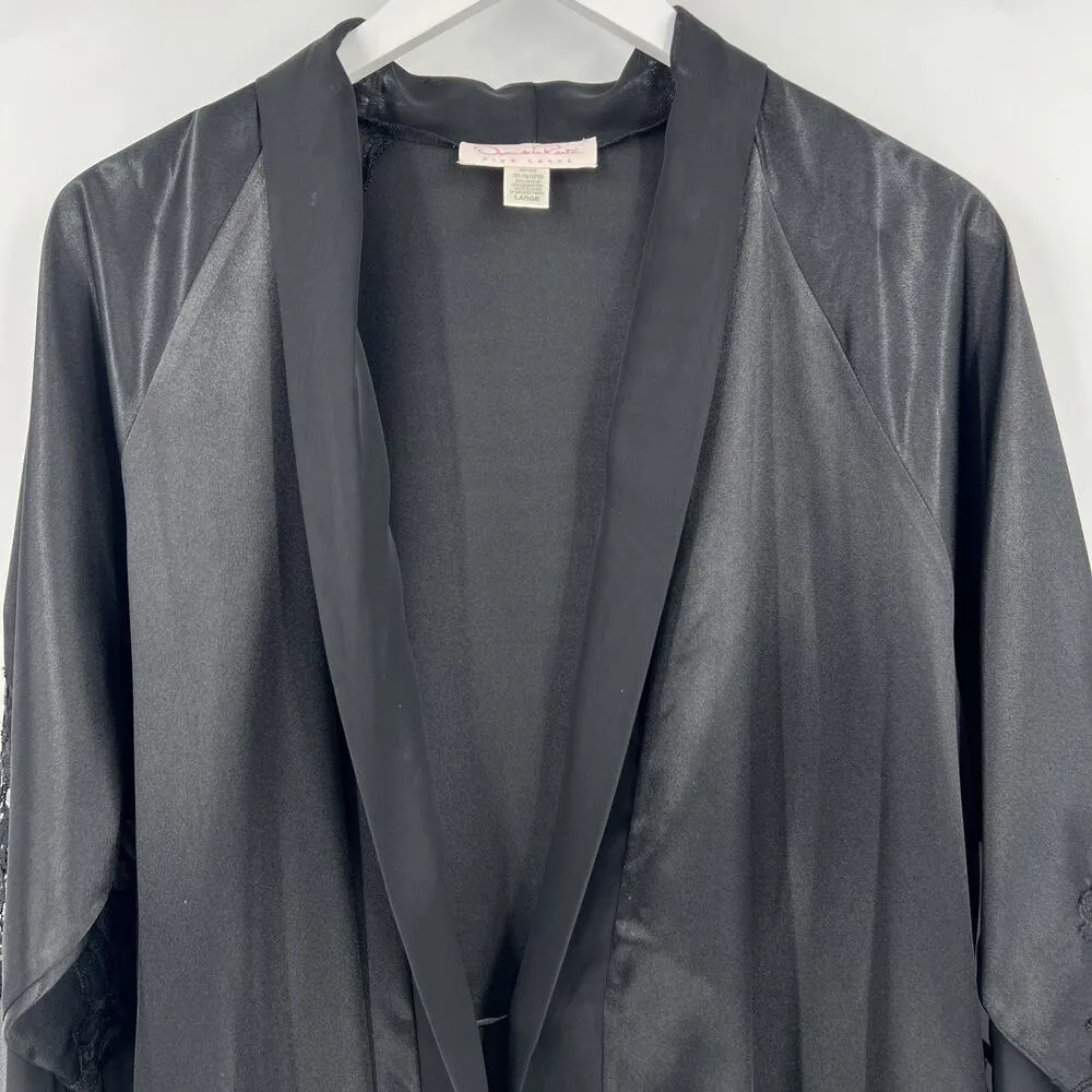 Oscar De La Renta Pink‎ Label Lingerie Black Satin Robe Lace Sleeves Size Large - Image 5