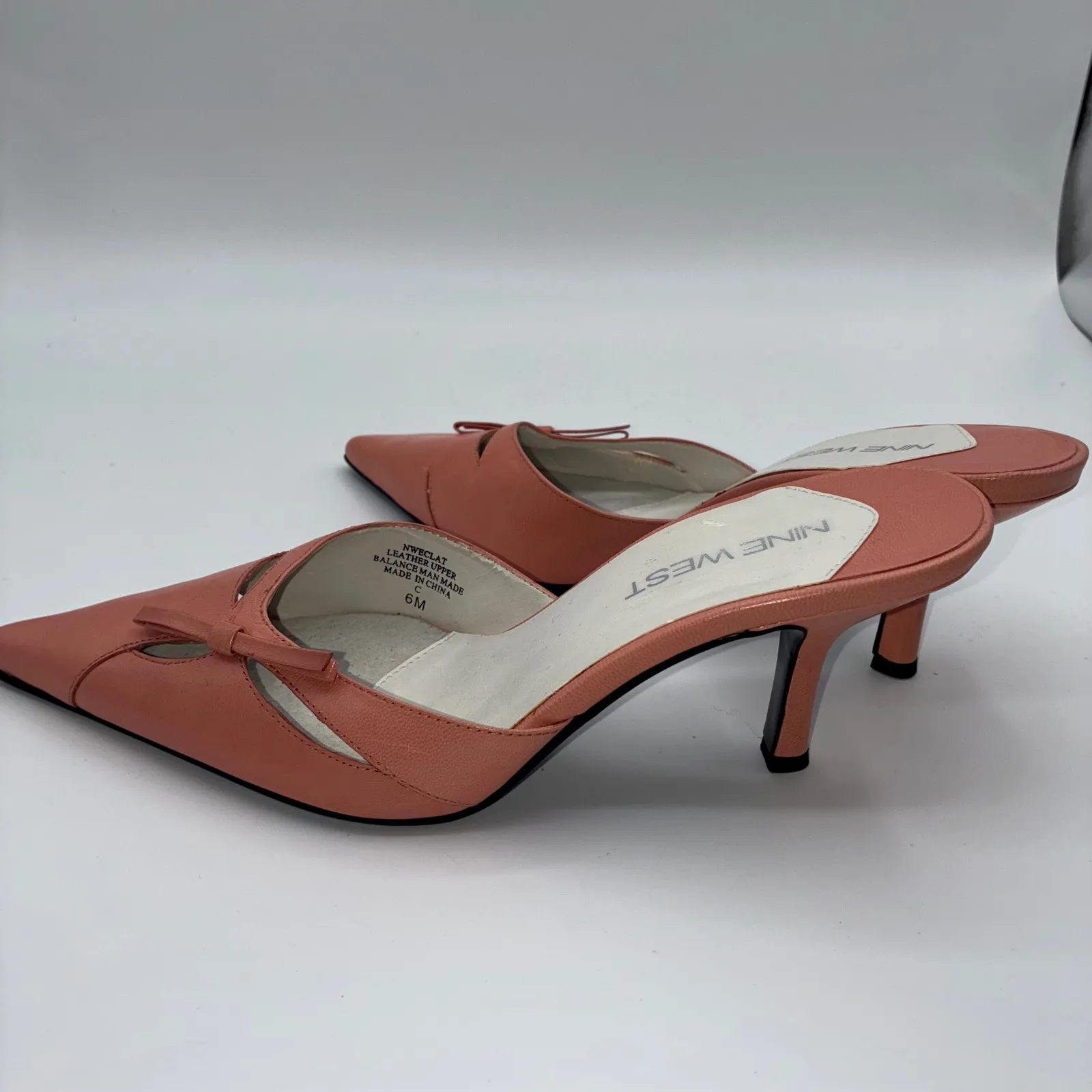 Nine West NWEclat Peach Leather Bow Pointed Toe Kitten Mules Shoes 6M Career - Image 12