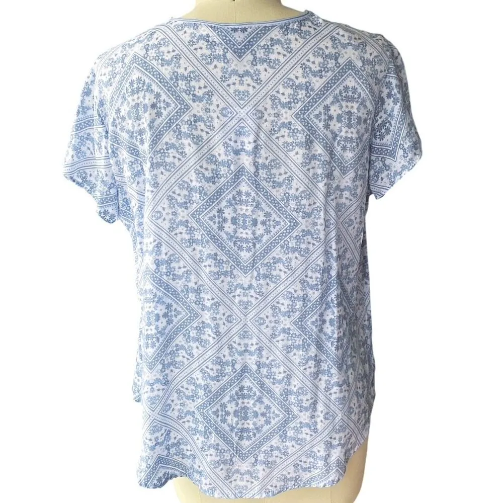 NWT ~ COMO VINTAGE Blue Floral Boho Peasant Pullover S/S Bohemian Blouse ~ XL - Image 2