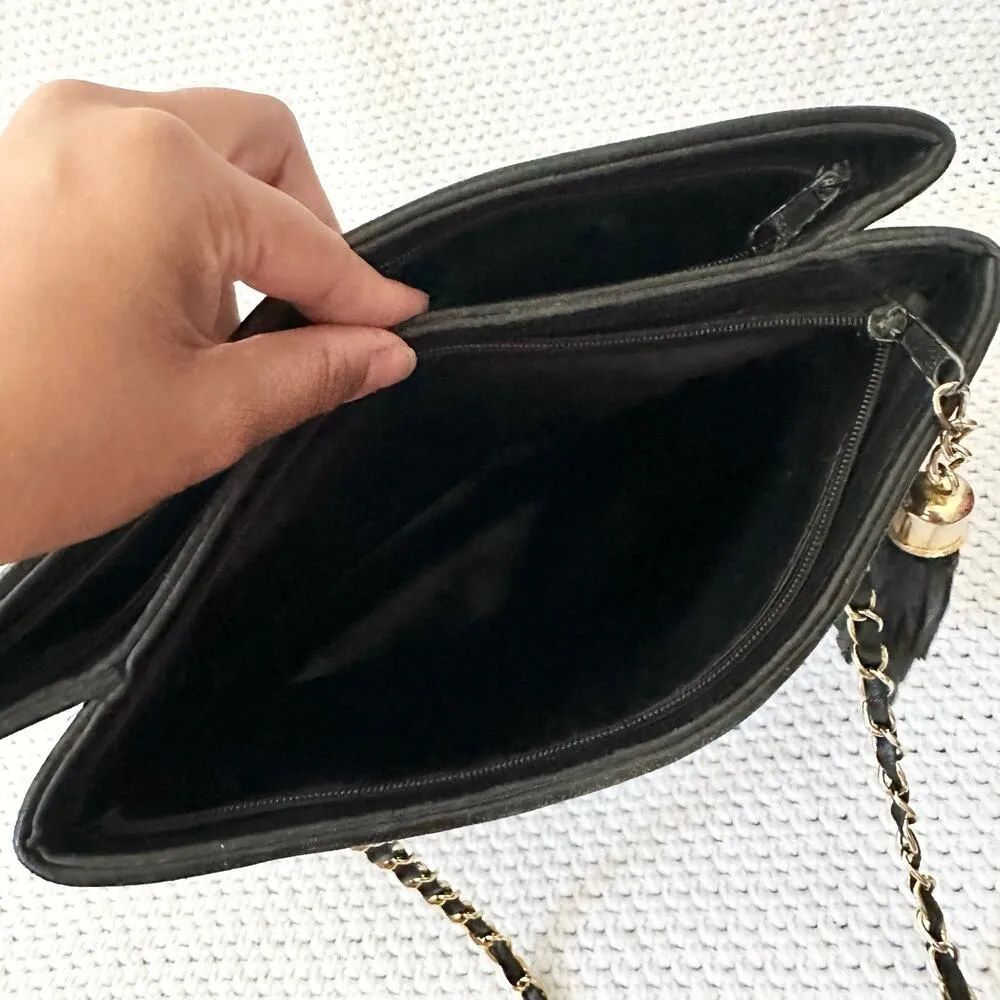 Bally Vintage Black Leather Quilted Gold Chain Dual Pocket Shoulder Bag Tote - Image 4