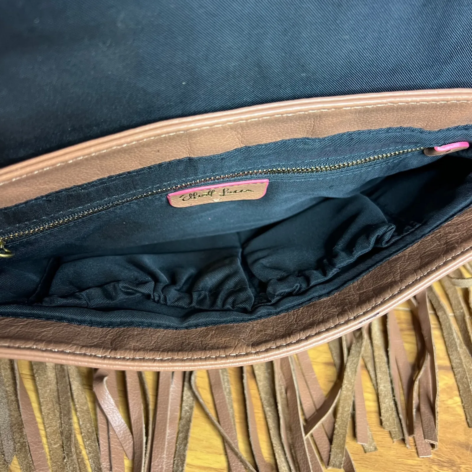 Elliott Lucca Fringe Crossbody Bag Woven Straw Leather Tan Boho Hippie - Image 5