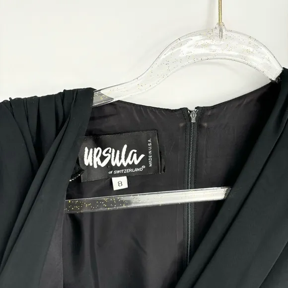 Vintage 80s Ursula Of Switzerland Black Midi‎ Dress Size 8 Rhinestone Belt Sheer - Image 5