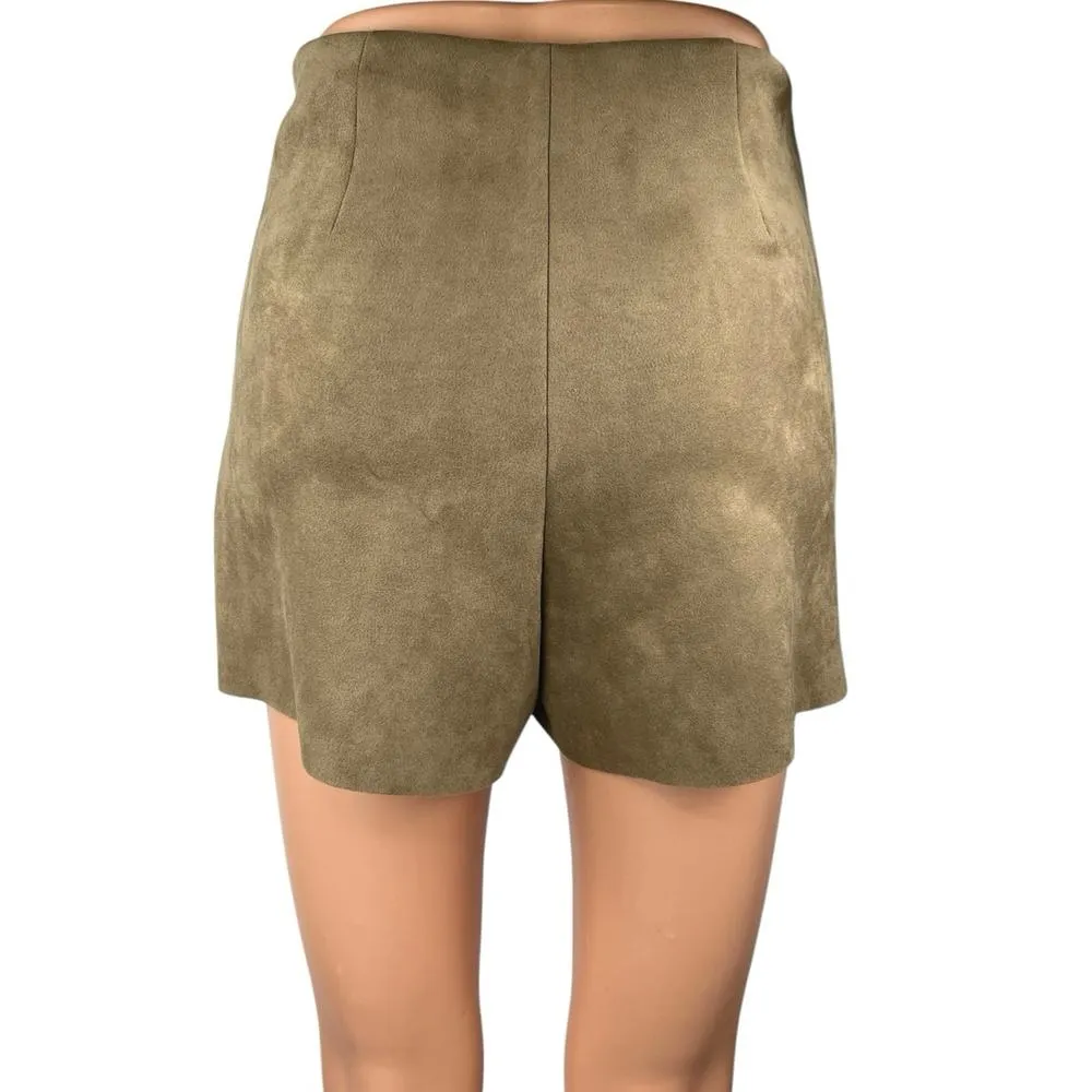 Zara Beige Brown Faux Suede Asymmetric Button Zipper Mini Wrap Skirt Skort Sz XS - Image 3