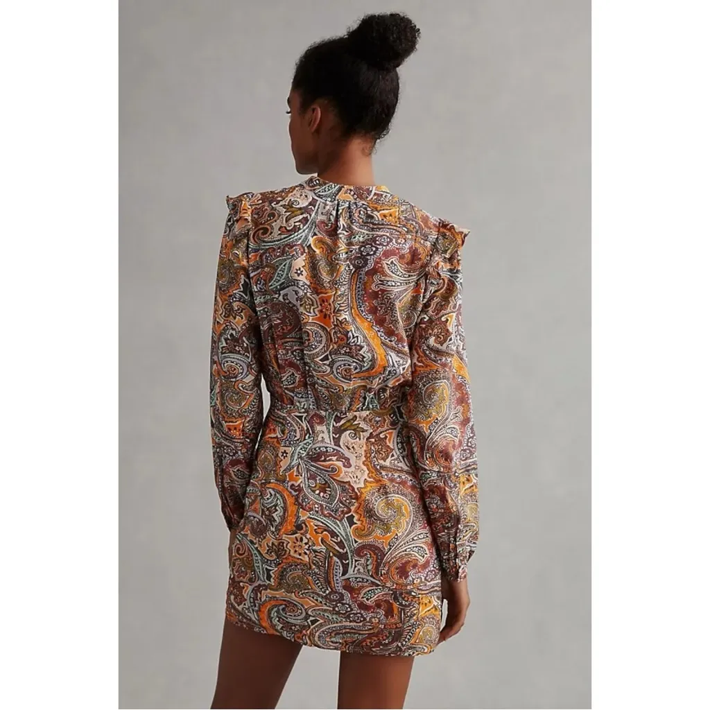 Anthropologie Bohemian Western Ruffle Lace Up Paisley Long Sleeve Dress Size 8 - Image 4