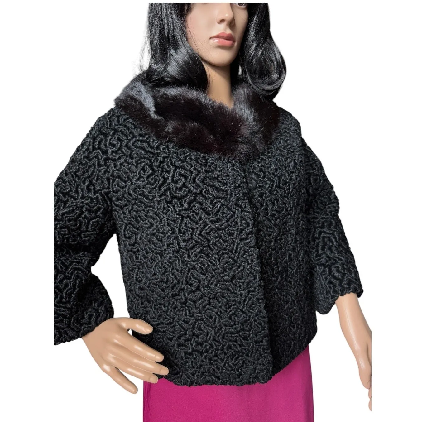 Vintage Black Persian Lamb Fur Coat w/ Mink Collar 1950s Swing Jacket medium - Image 6