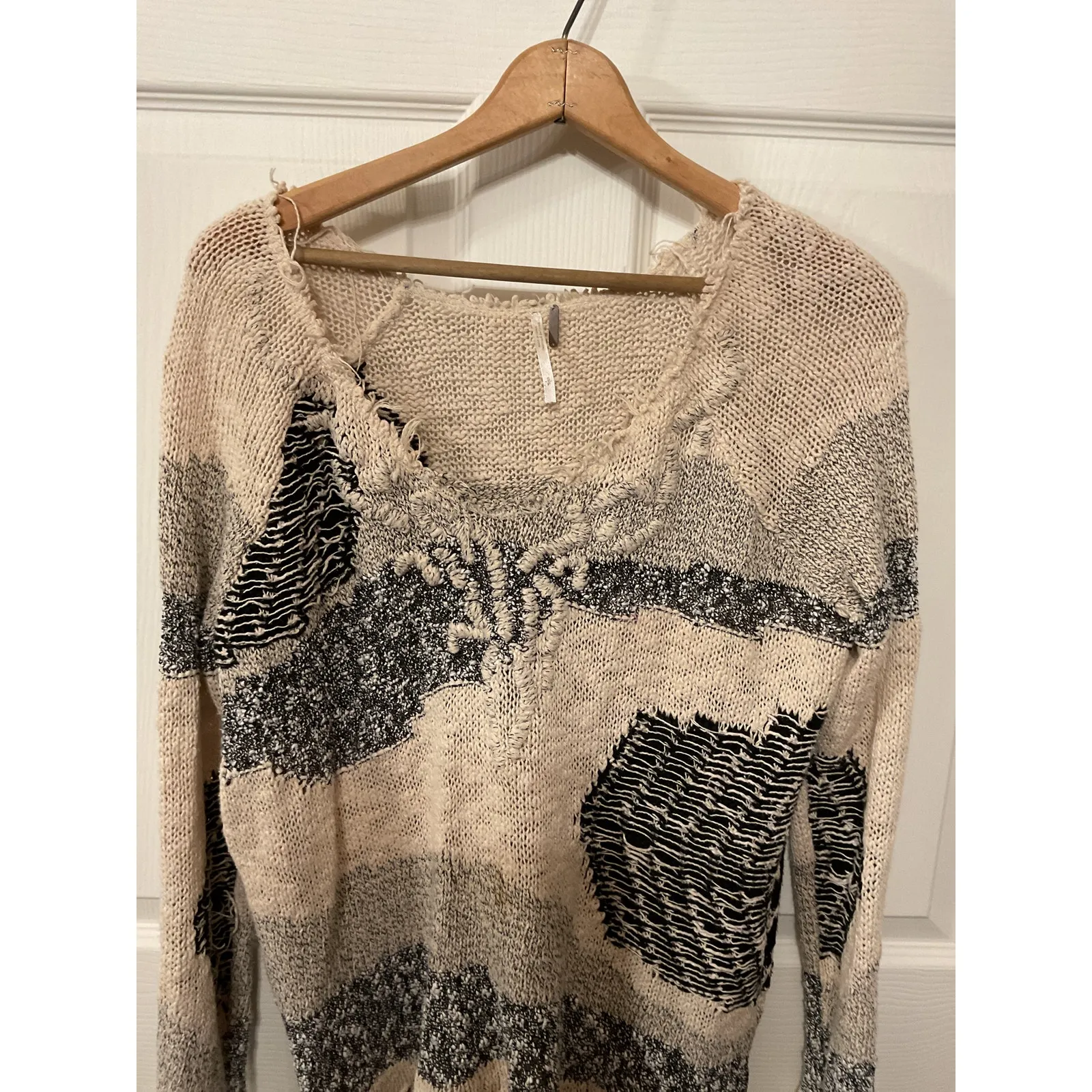 Free People Patchwork Landscape Boho Open Neckline Fringe Sweater, S - Image 4