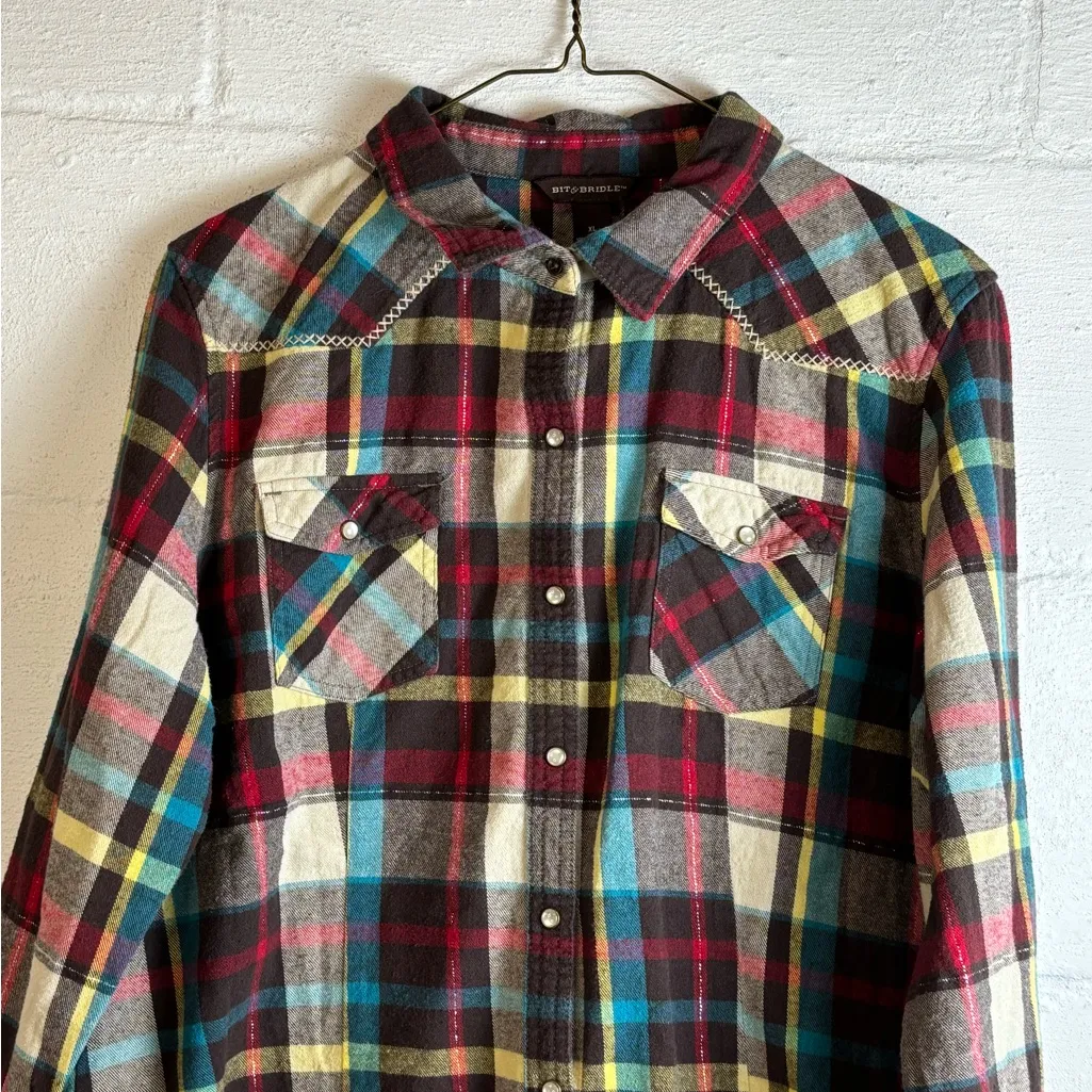 Bit & Bridle Woman’s Western Plaid Pearl Snap Casual Chic Long Sleeve Button Up - Image 2