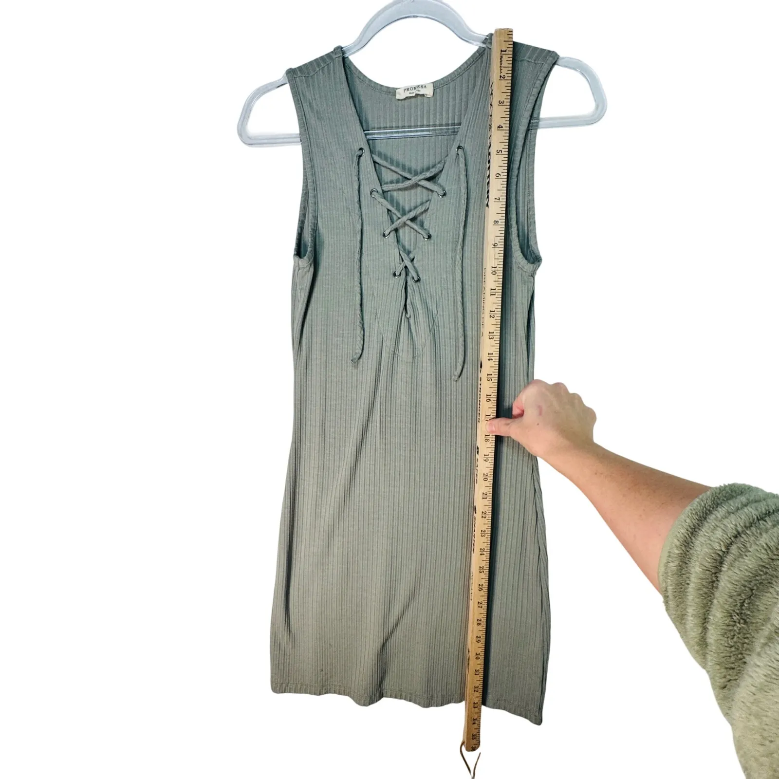 Promesa Lace-Up Ribbed Dress Women's M Sage Green Boho Soft Knit Tank Dress USA - Image 7