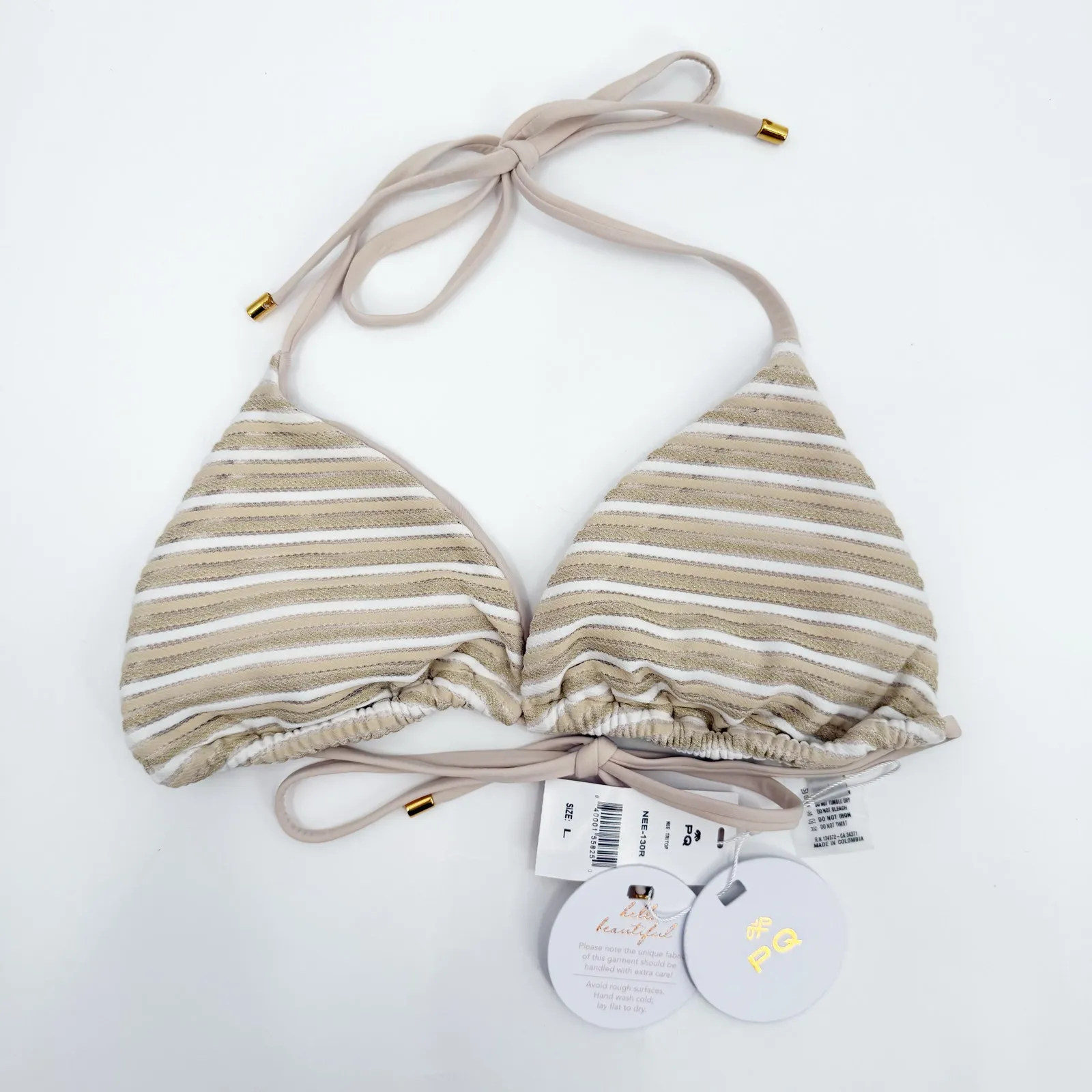 PQ SWIM PILYQ Bikini Top Size Large NWT New Earth Triangle Tie Stripe String White - Image 4
