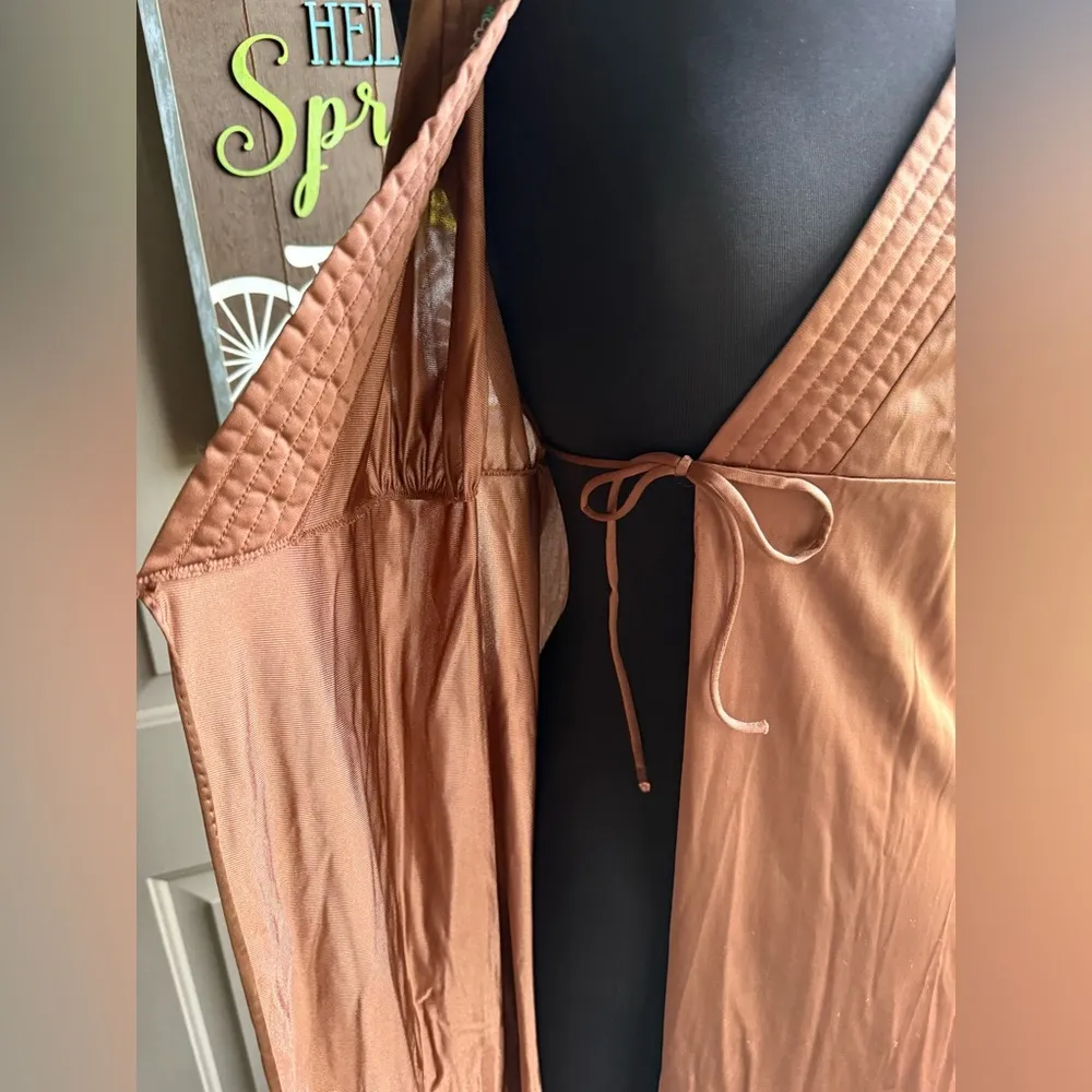 Vintage 70s JCPenney sleeveless embroidered maxi robe nightgown, size medium Tan - Image 13