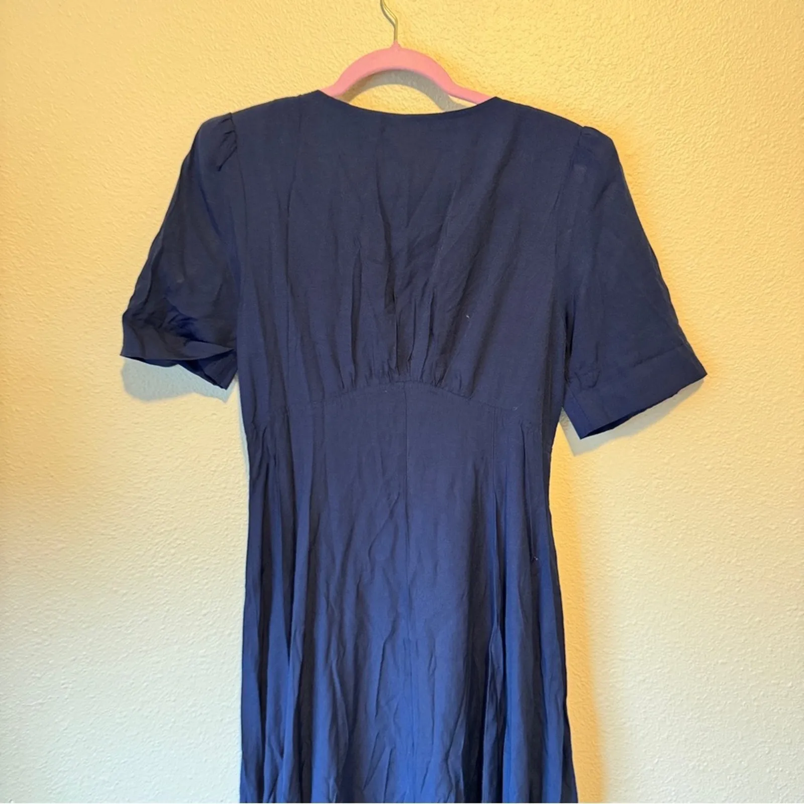 Vintage 90s Navy Blue Short Sleeve Button Down Dress Womens S Midi Casual - Image 6