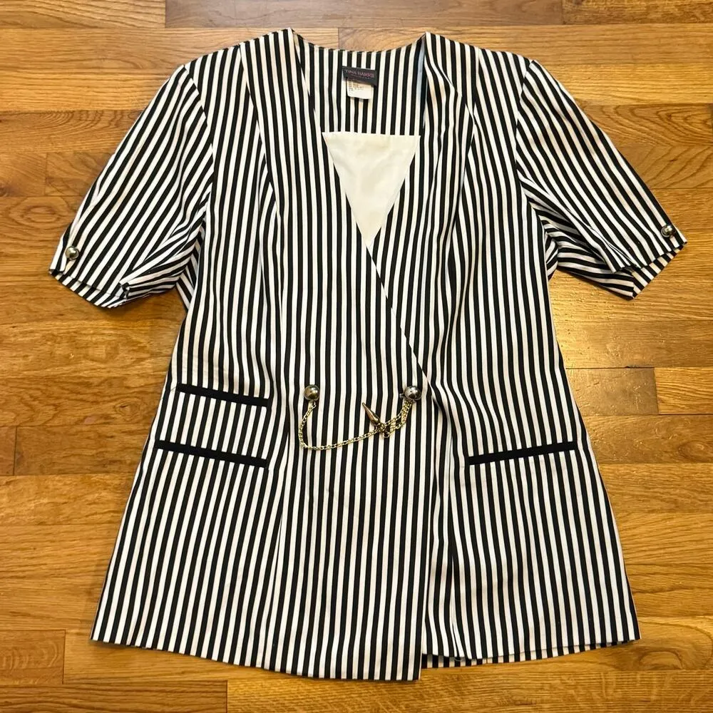 Tina Barrie Vintage Women Black White Striped Short Sleeve Button Blazer Shirt Size L - Image 3